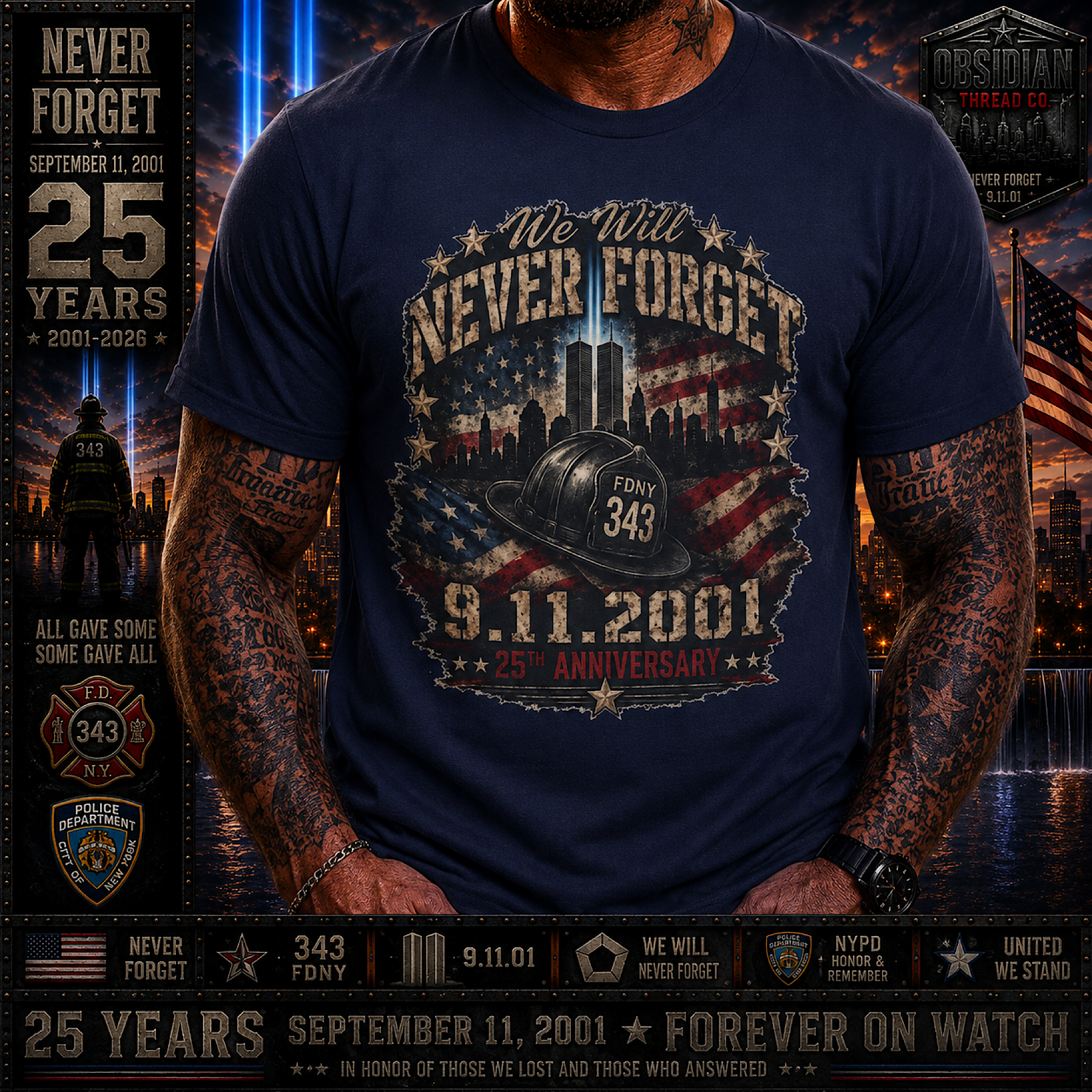 9/11 25th Anniversary Shirt September 11 2001 Never Forget FDNY 343 Memorial color preview 4