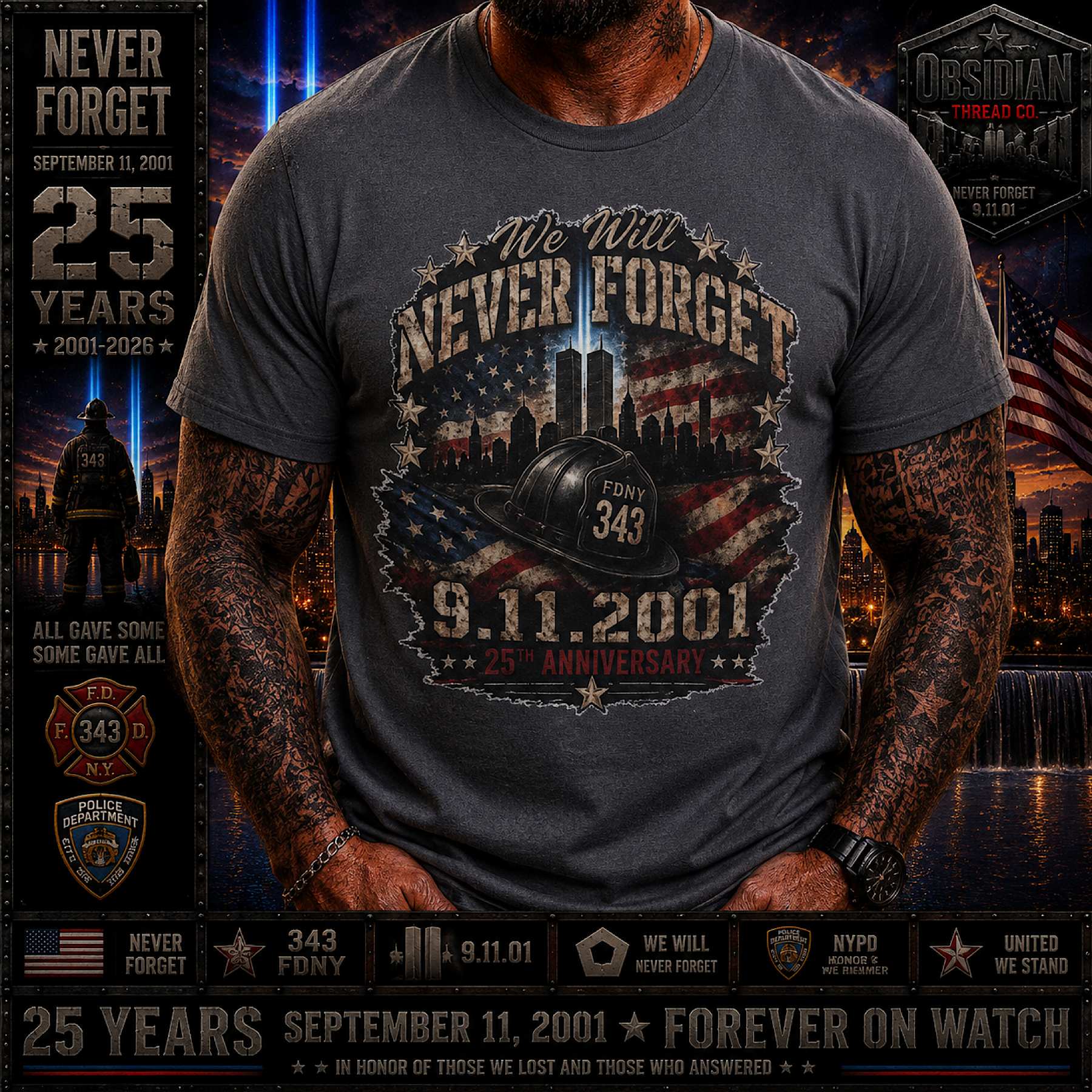 9/11 25th Anniversary Shirt September 11 2001 Never Forget FDNY 343 Memorial color preview 2