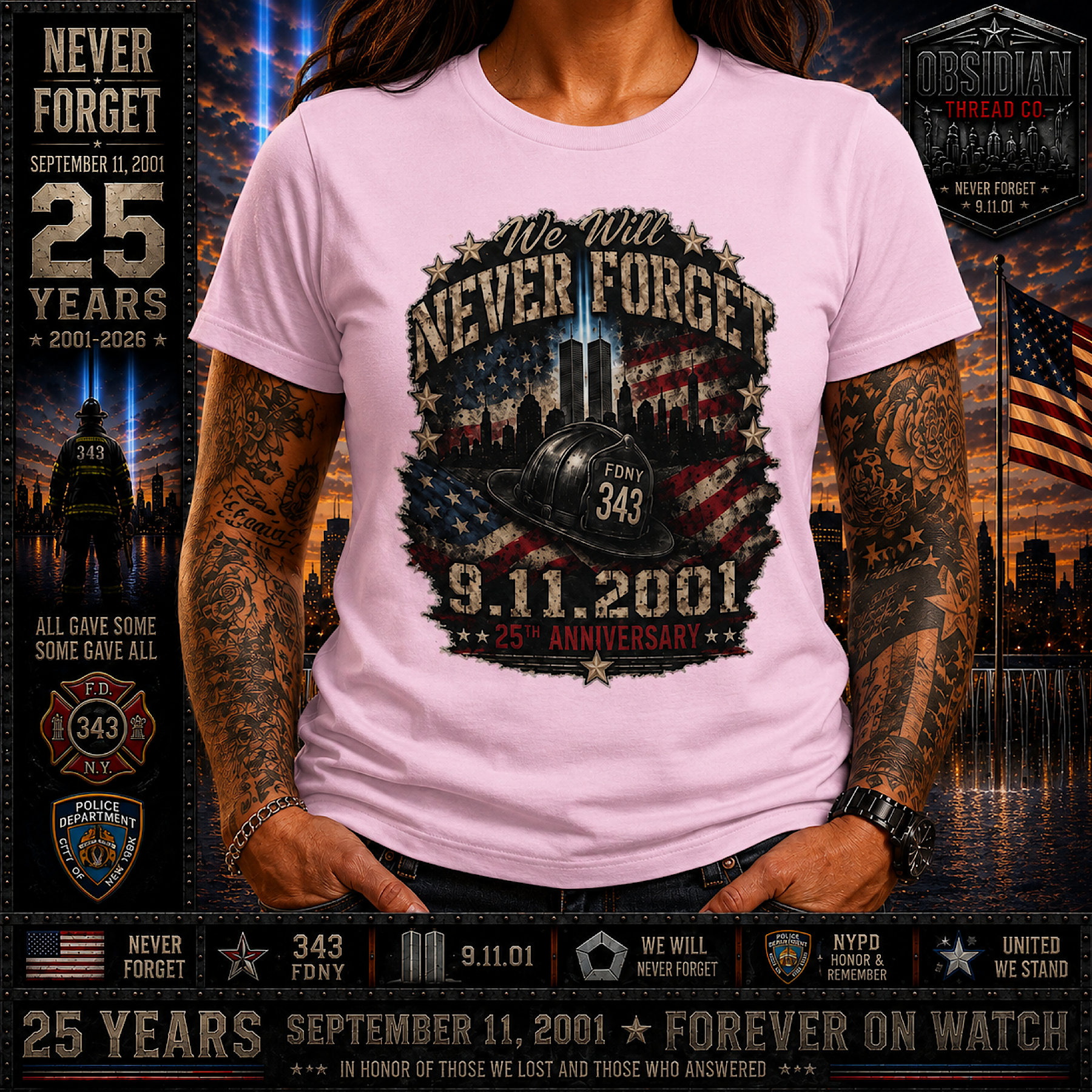 9/11 25th Anniversary Shirt September 11 2001 Never Forget FDNY 343 Memorial color preview 3