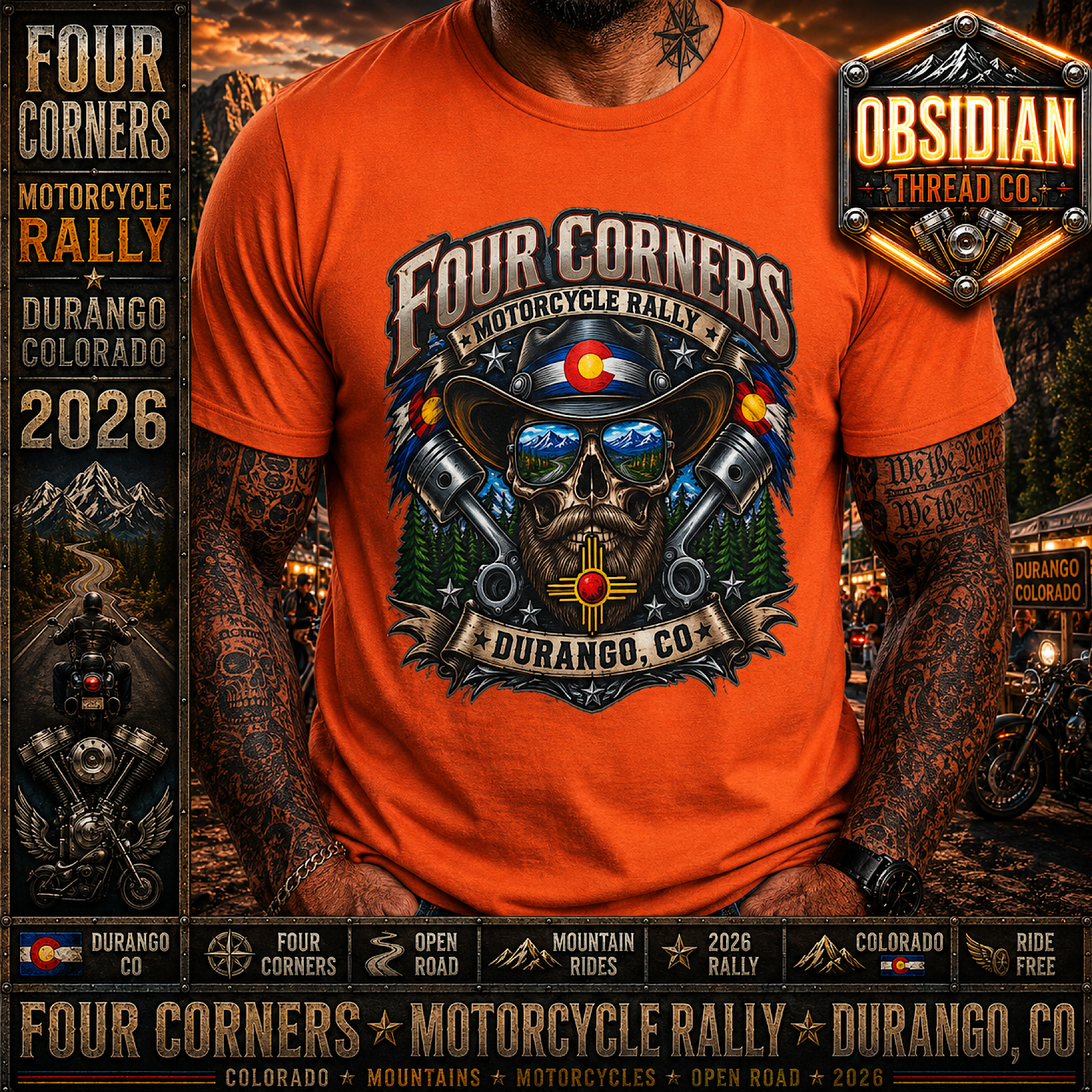 Four Corners Motorcycle Rally 2026 Durango Colorado Biker T-Shirt Tee No Harley color preview 3