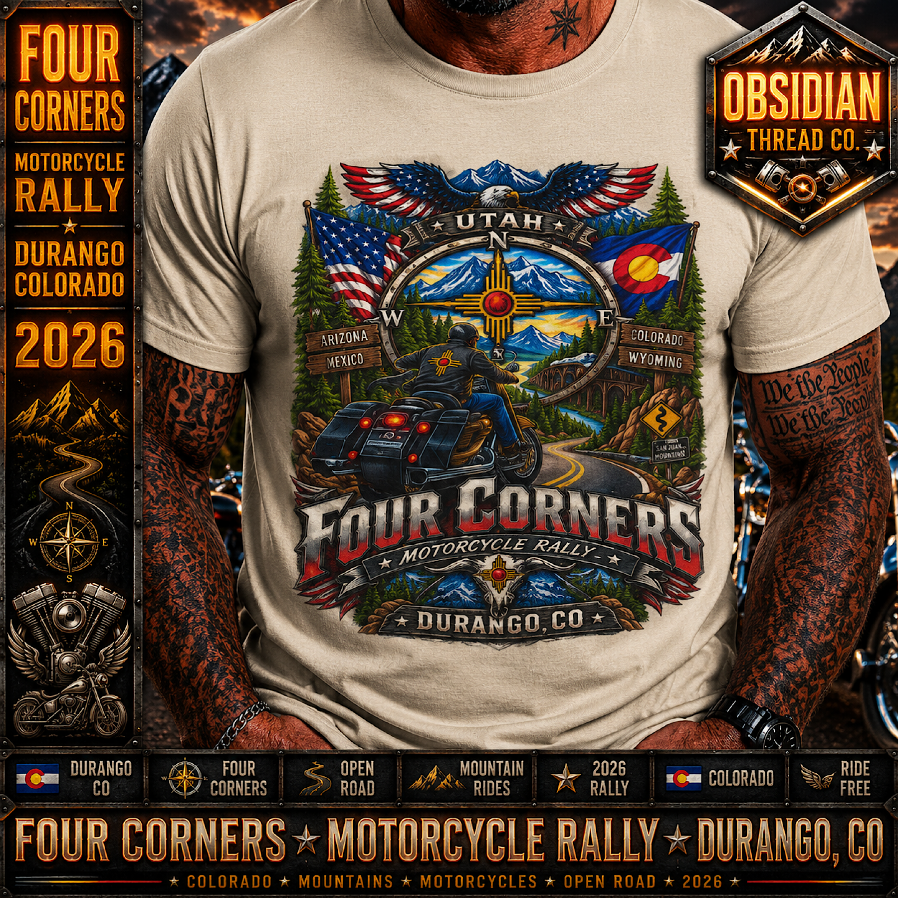 Four Corners Rally 2026 Durango Colorado Motorcycle Biker T-Shirt Tee No Harley color preview 4