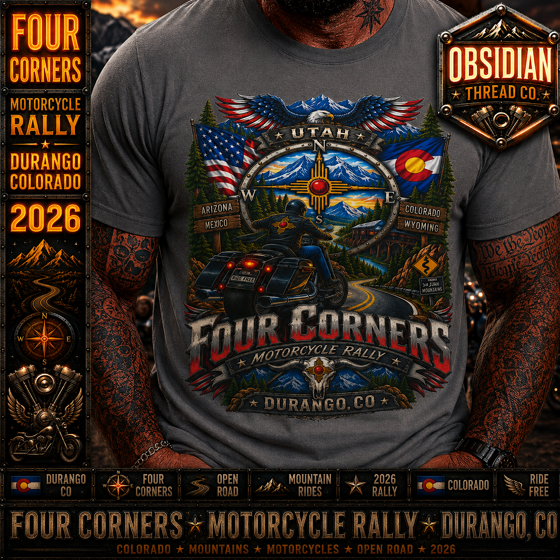 Four Corners Rally 2026 Durango Colorado Motorcycle Biker T-Shirt Tee No Harley color preview 2
