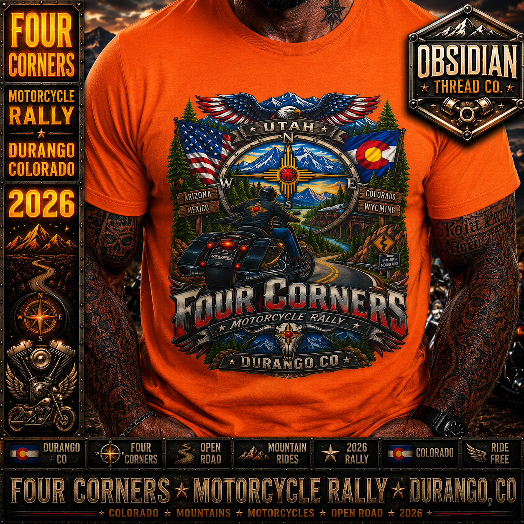 Four Corners Rally 2026 Durango Colorado Motorcycle Biker T-Shirt Tee No Harley color preview 3