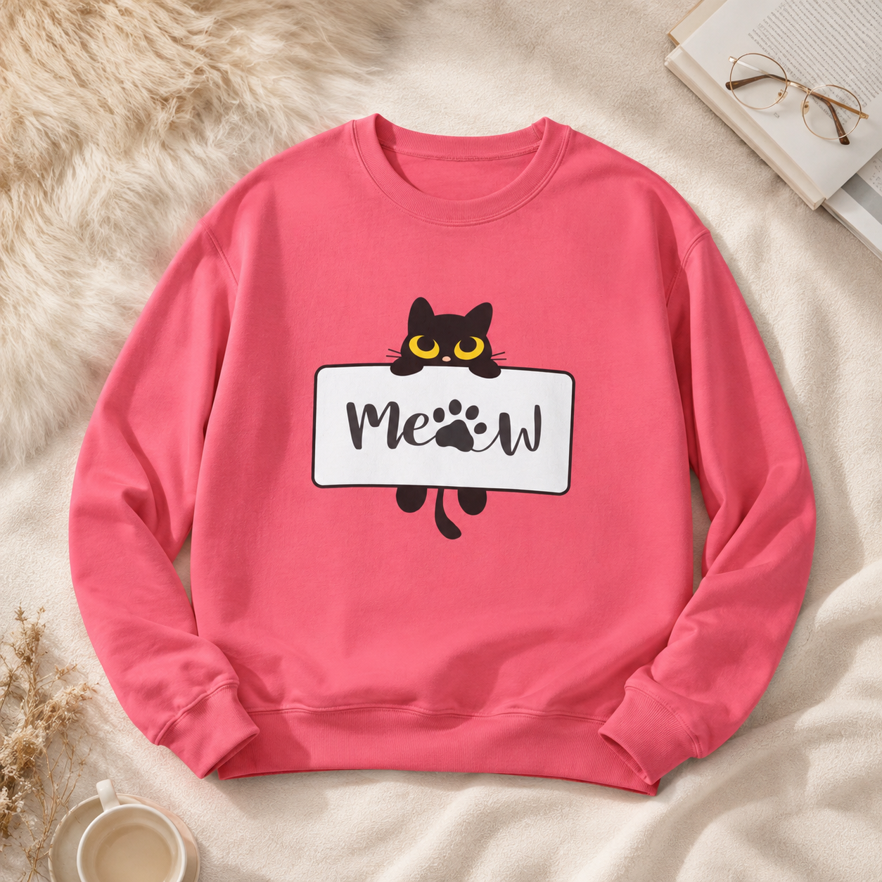 Black Cat 'Meow' Sign Sweatshirt