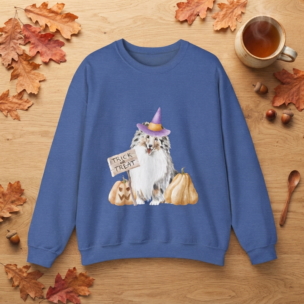 Australian Shepherd in Witch Hat Crewneck Sweatshirt