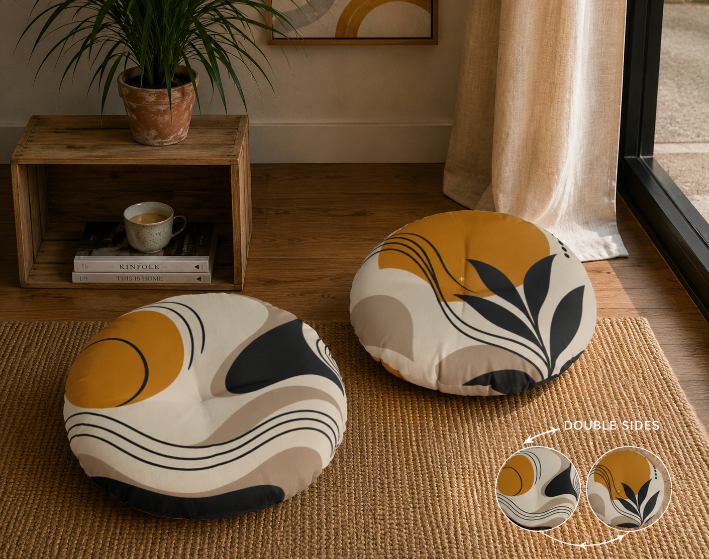 Golden Botanica Tufted Floor Cushion mockup 3
