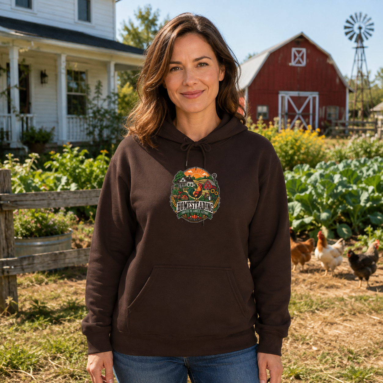 Homesteading Hoodie Rooted in Simple Living Chocolate Brown Rooster Farmhouse Sweatshirt Country Farm Life Gift Chicken Lover Unisex