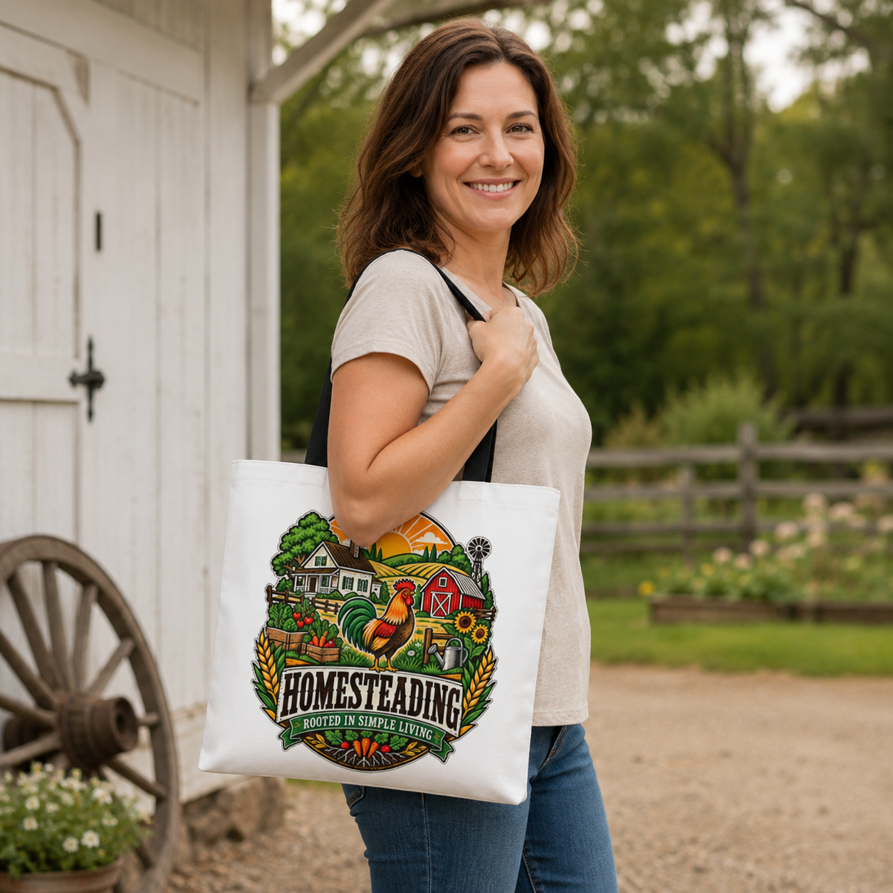 Homesteading Tote Bag Rooted in Simple Living Rooster Farmhouse Canvas Tote Country Farm Life Gift Chicken Lover Reusable Bag