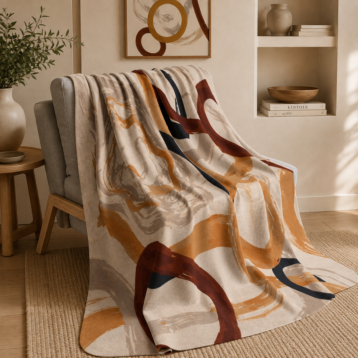 Abstract Earth Tone Swirls Fleece Sherpa Blanket mockup 1