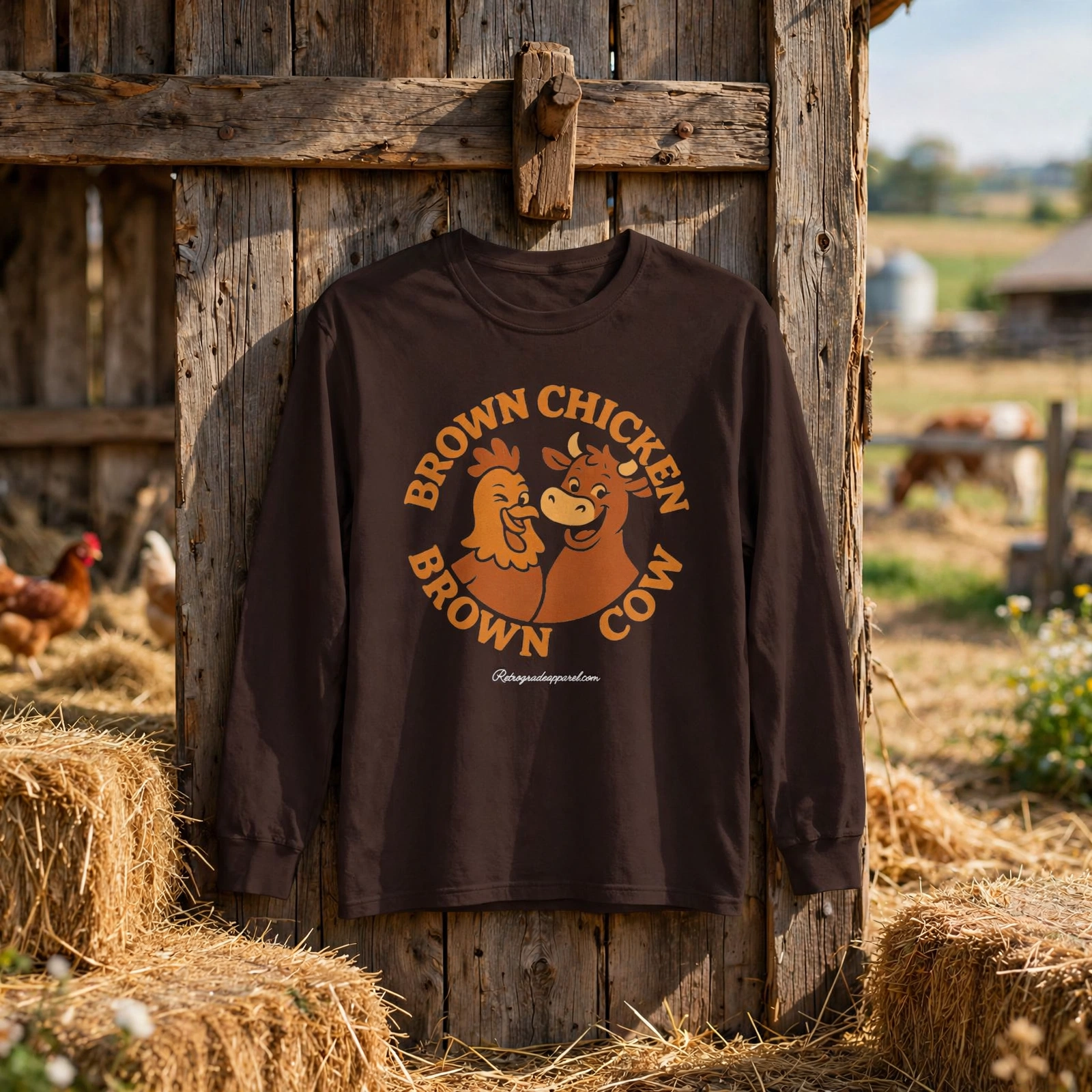 Brown Chicken Brown Cow Funny Long-Sleeve Shirt, Cozy Graphic Top for Wordplay Fans