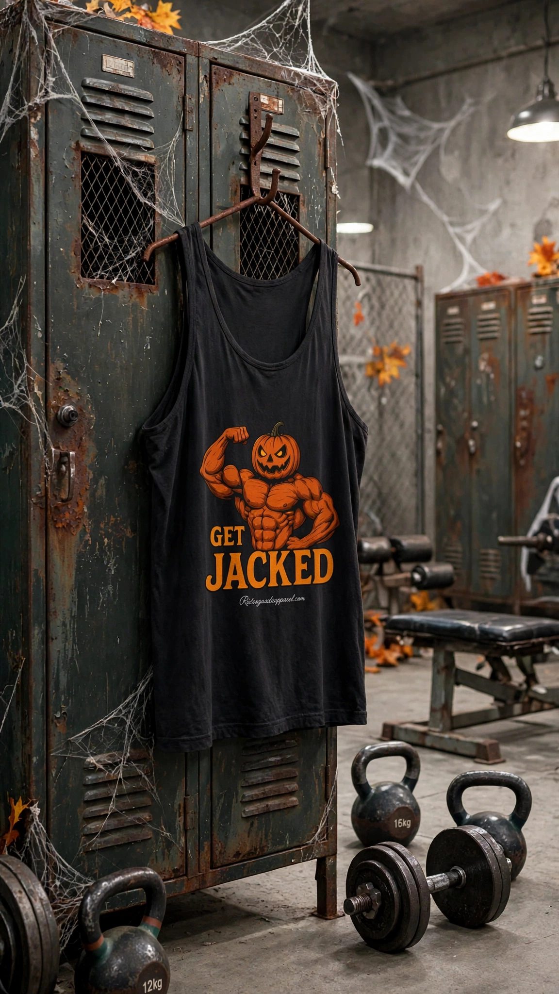 Get Jacked Tank Top, POWER UP Fitness Shirt, Pumpkin Gym Sleeveless Tee, Spooky Workout Apparel, Fall Workout Gear – L, Athletic Heather