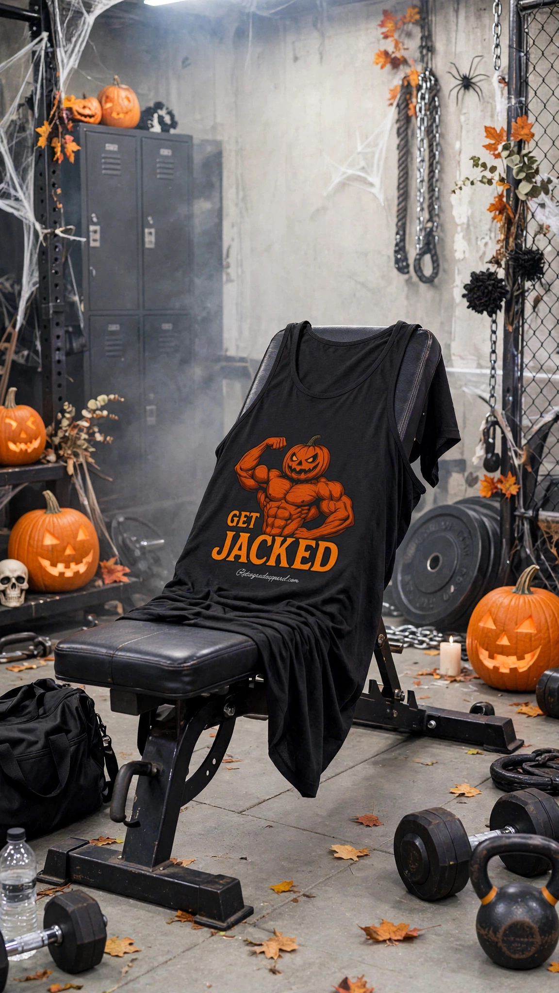 Get Jacked Tank Top, POWER UP Fitness Shirt, Pumpkin Gym Sleeveless Tee, Spooky Workout Apparel, Fall Workout Gear – L, Athletic Heather