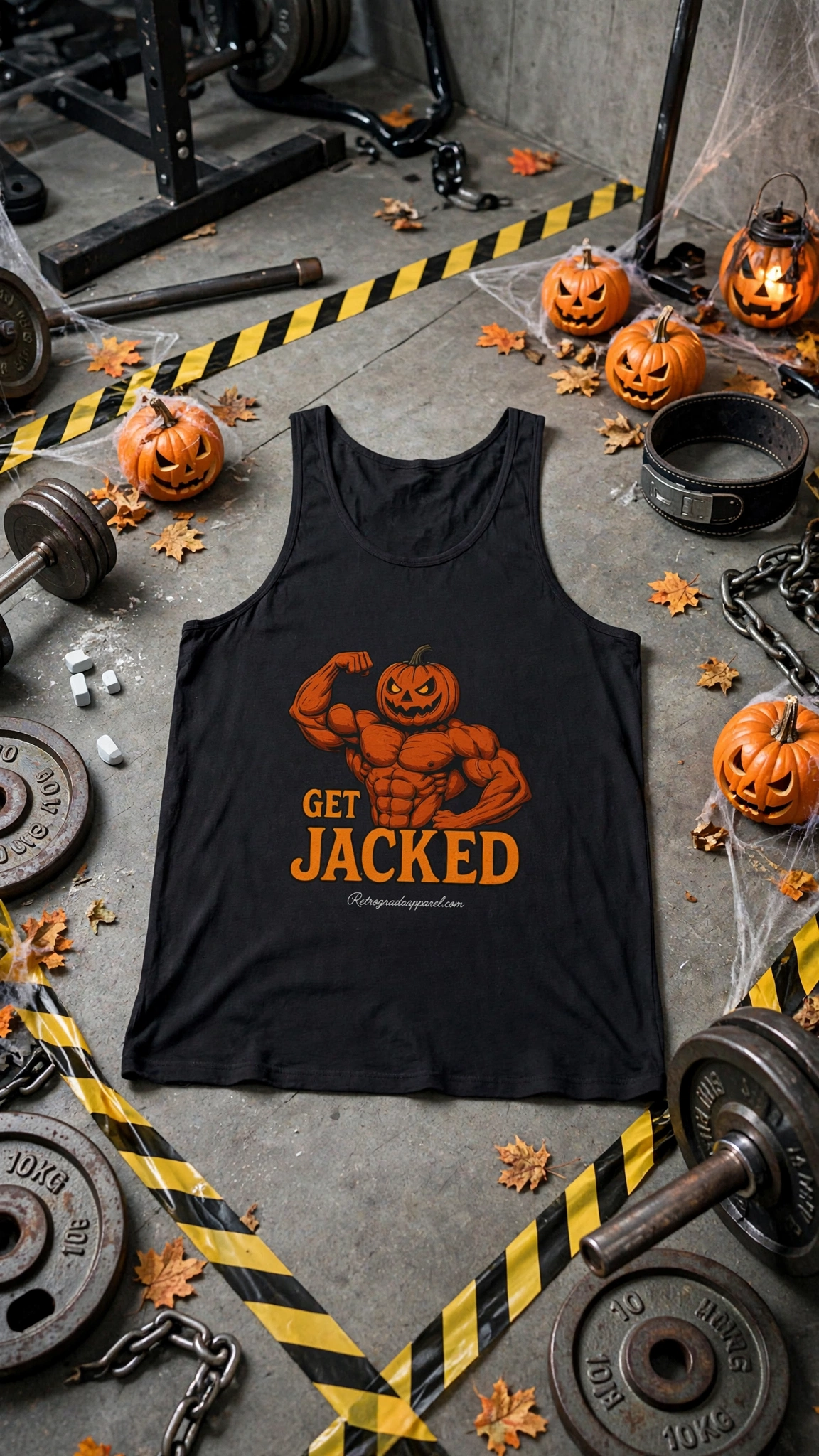 Get Jacked Tank Top, POWER UP Fitness Shirt, Pumpkin Gym Sleeveless Tee, Spooky Workout Apparel, Fall Workout Gear – L, Athletic Heather