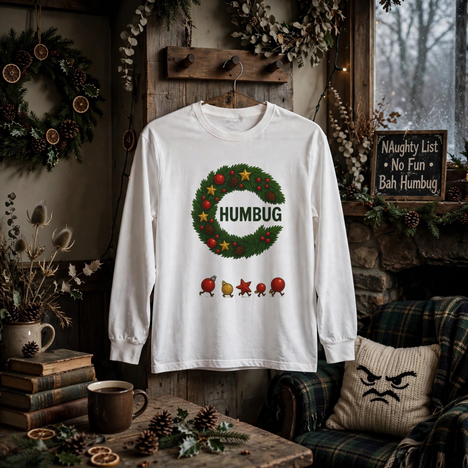 Bah Humbug! Ornaments, Christmas wreath, Long Sleeve Tee
