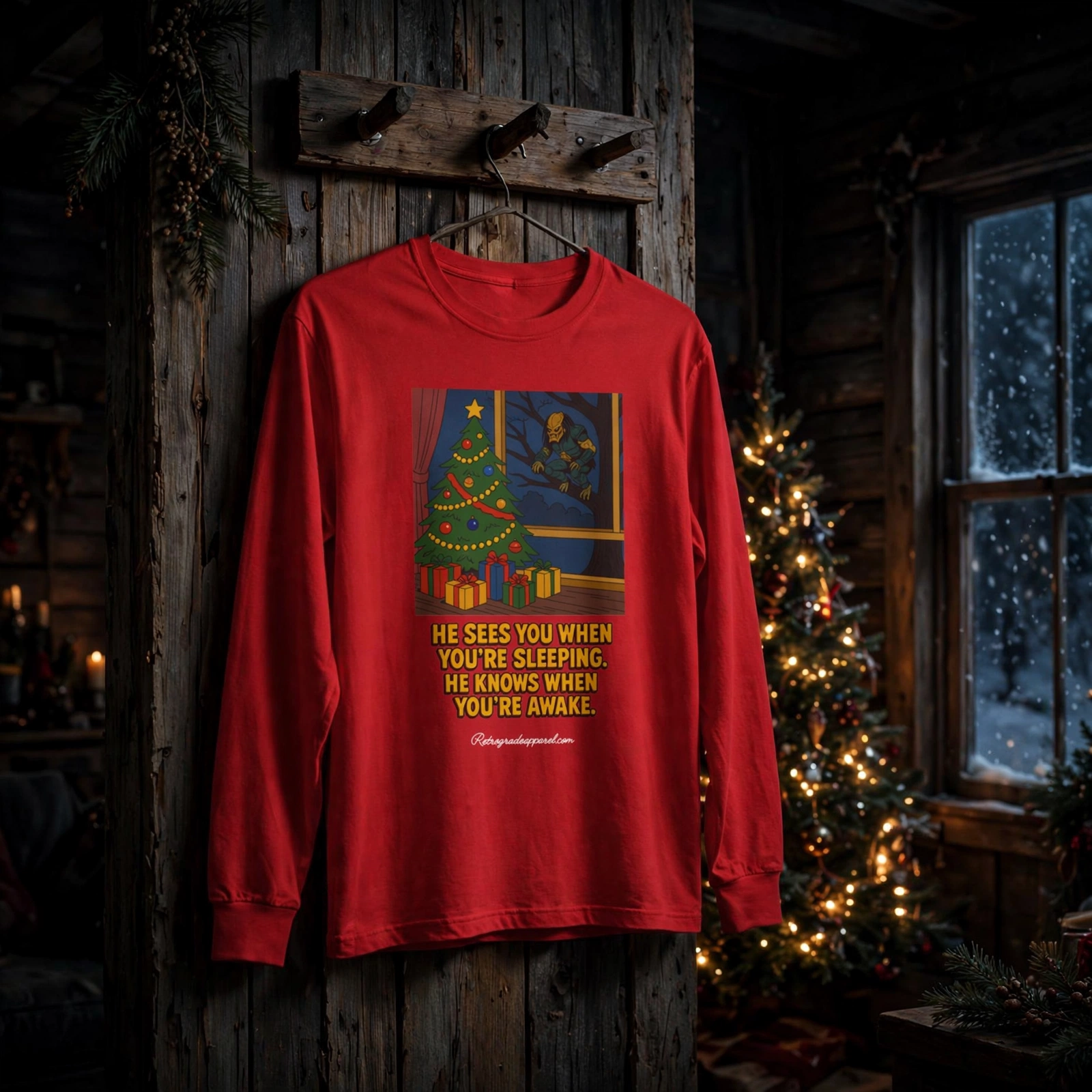 He Knows When You're Awake long sleeve tee, Christmas, humor, Santa centric 