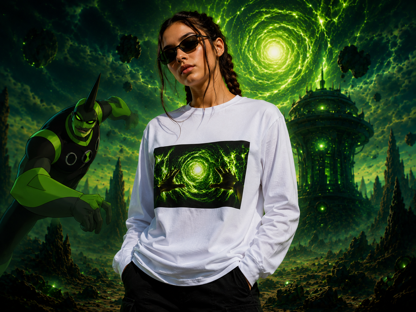 Cosmic Portal Long Sleeve T-Shirt | Green Vortex | Sci-Fi Adventure Graphic