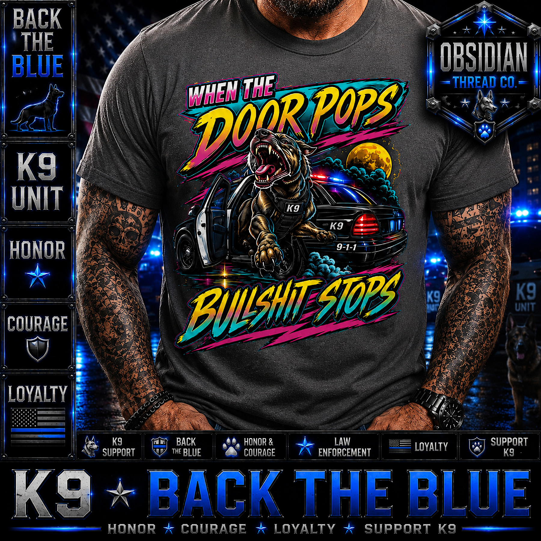 K9 Police Back The Blue German Shepherd Dog Law Enforcement Biker T-Shirt color preview 2