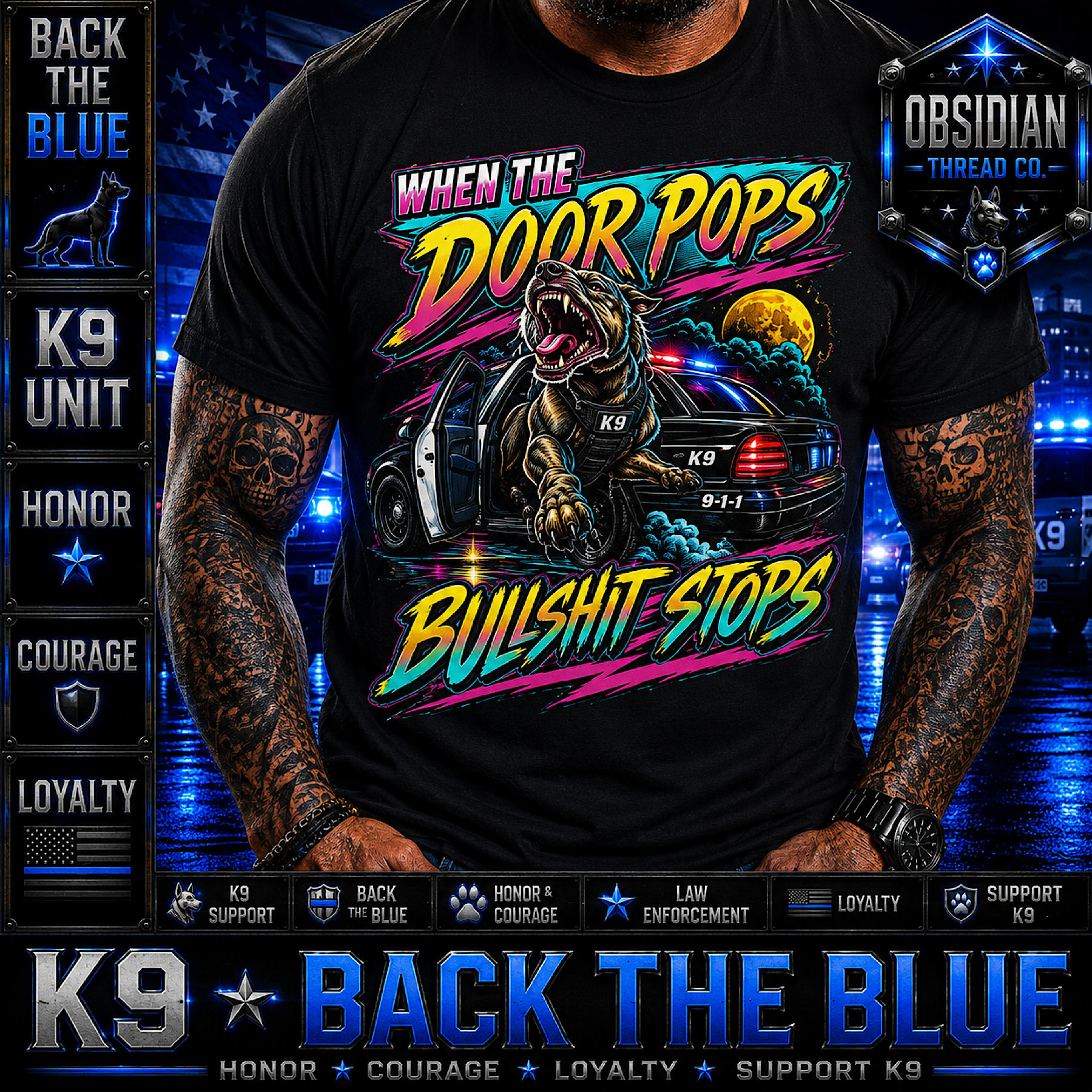 K9 Police Back The Blue German Shepherd Dog Law Enforcement Biker T-Shirt color preview 4