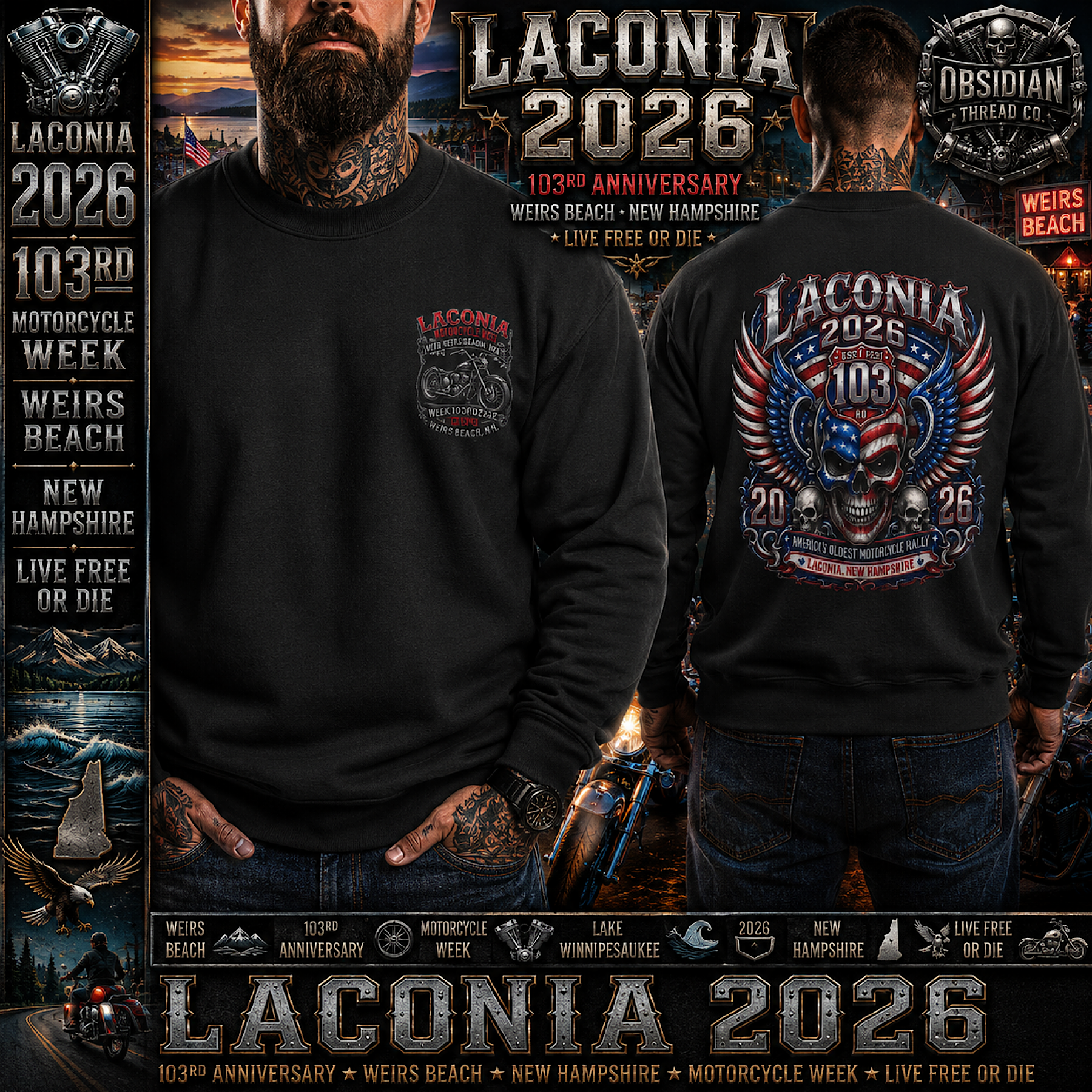 Laconia Bike Week 2026 103rd NH Double Sided Biker Sweatshirt Gildan No Harley product preview