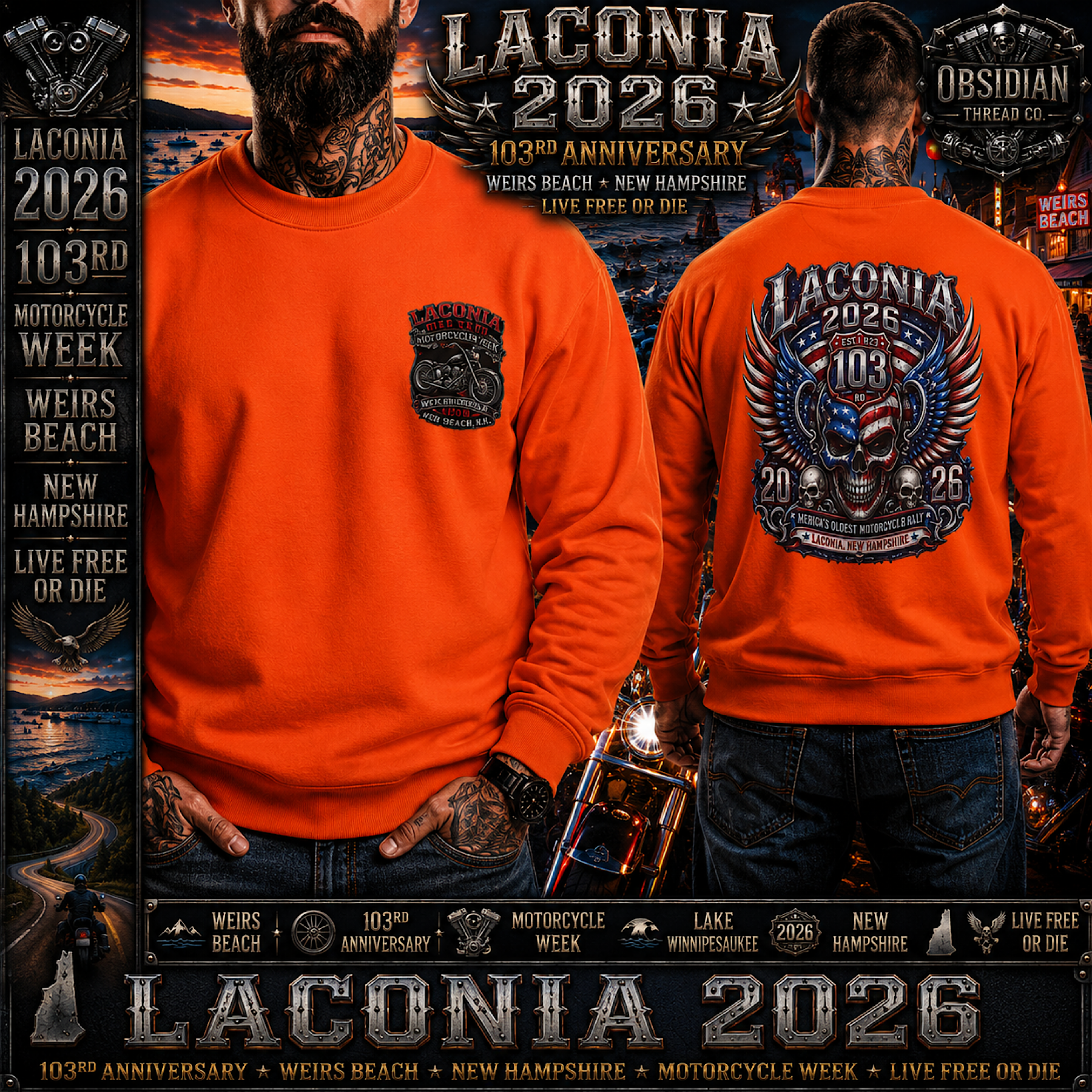 Laconia Bike Week 2026 103rd NH Double Sided Biker Sweatshirt Gildan No Harley color preview 2