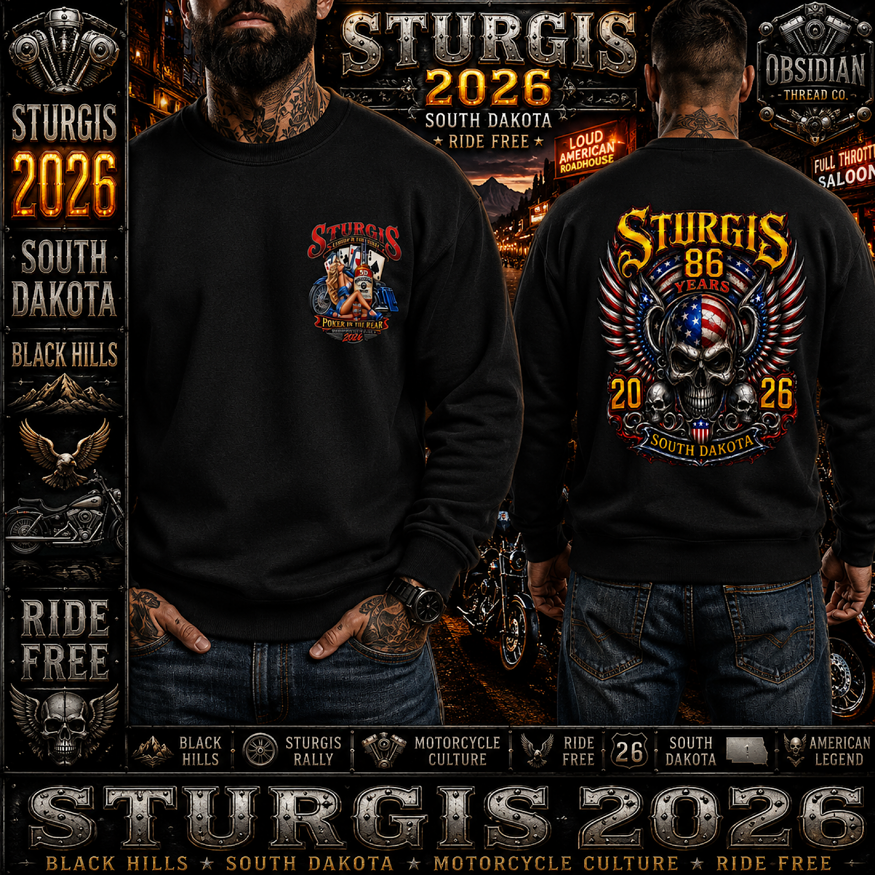 Sturgis 2026 South Dakota 86th Rally Double Sided Biker Sweatshirt No Harley color preview 3