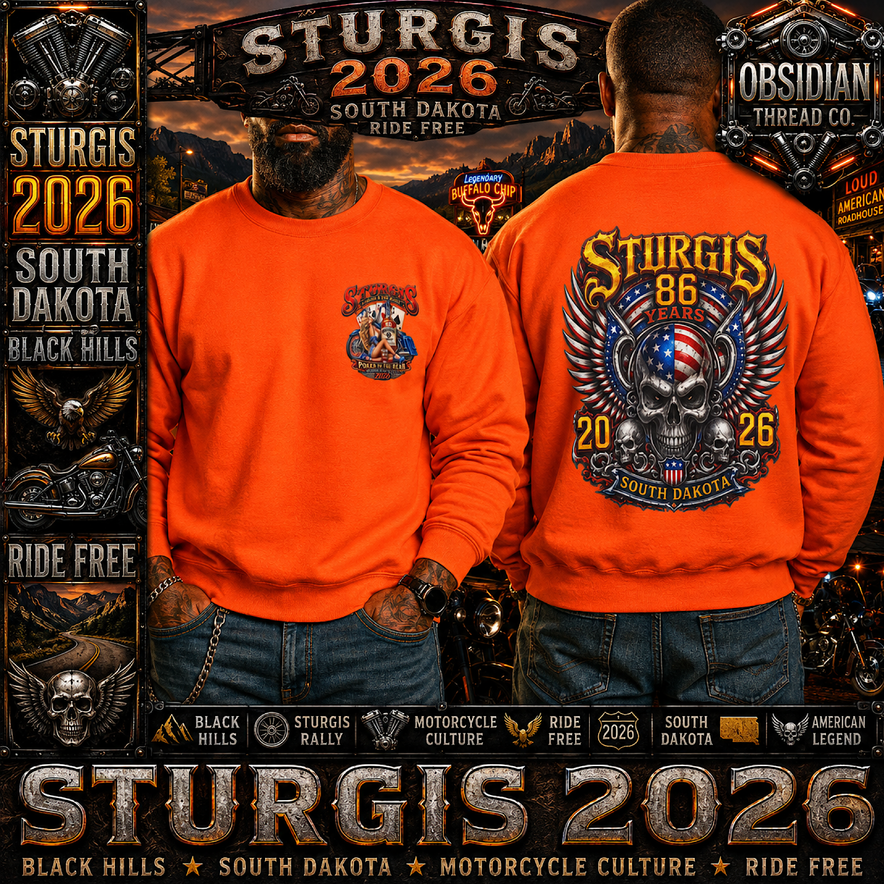 Sturgis 2026 South Dakota 86th Rally Double Sided Biker Sweatshirt No Harley color preview 2
