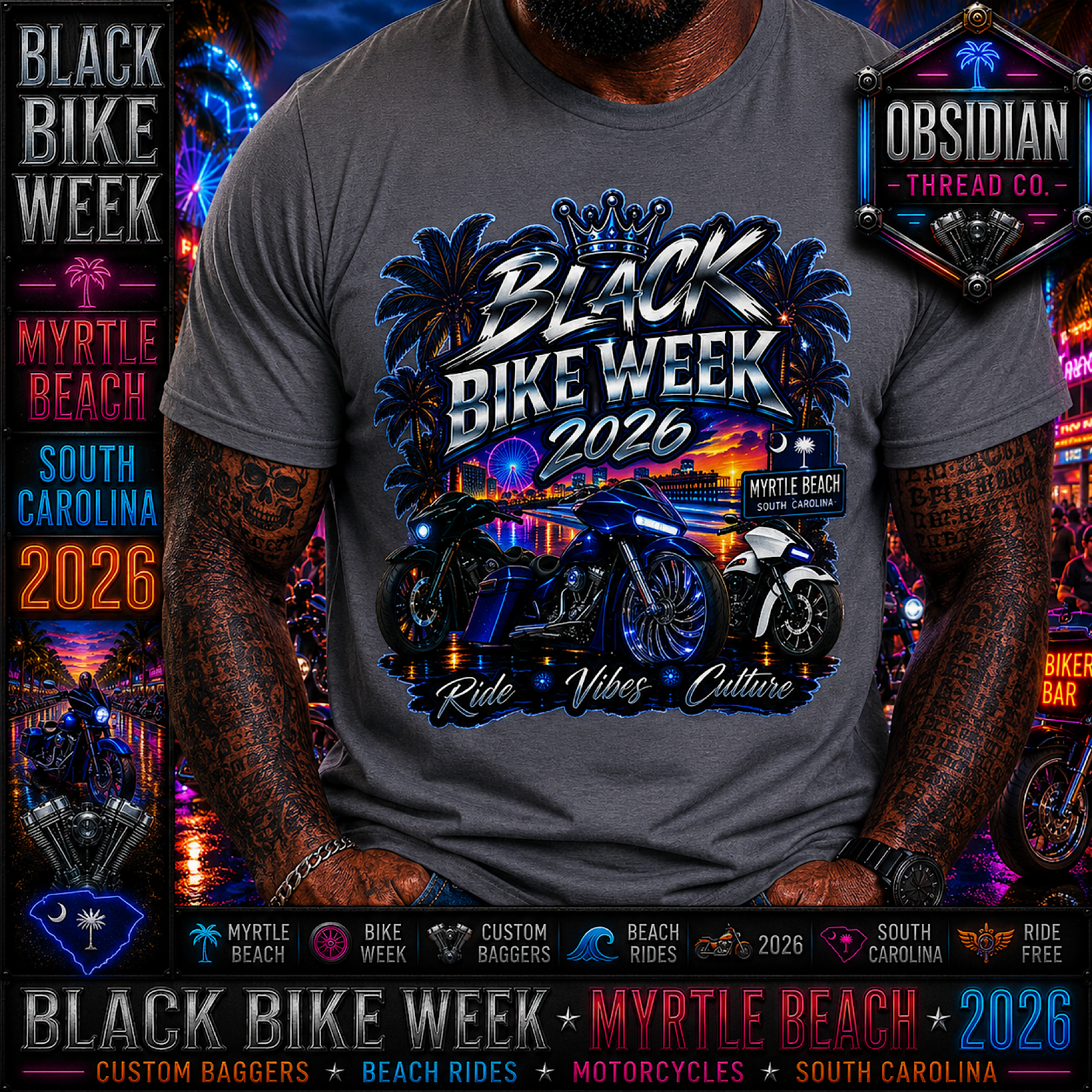 Black Bike Week 2026 Myrtle Beach SC Motorcycle Rally Biker Shirt Tee No Harley color preview 2