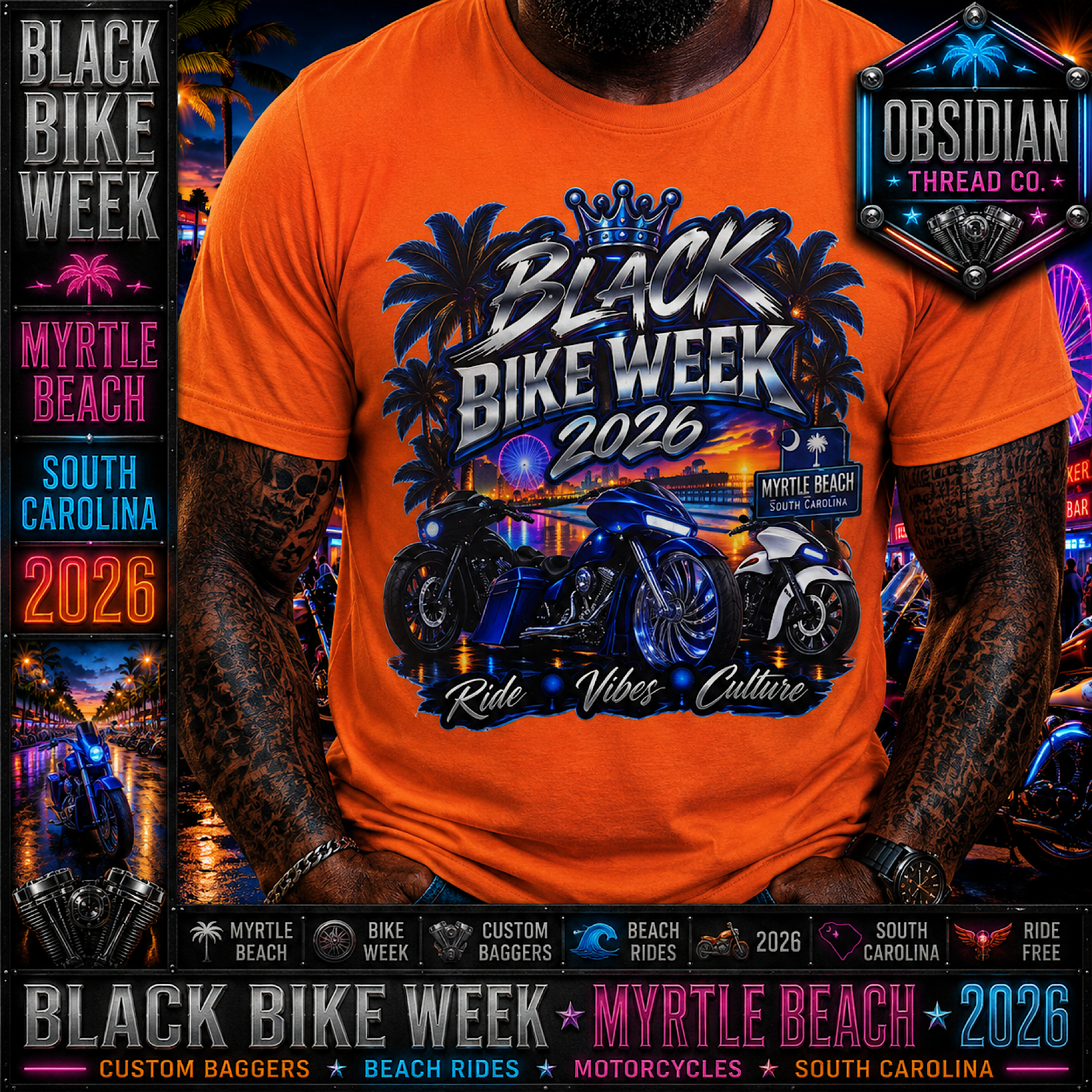 Black Bike Week 2026 Myrtle Beach SC Motorcycle Rally Biker Shirt Tee No Harley color preview 3