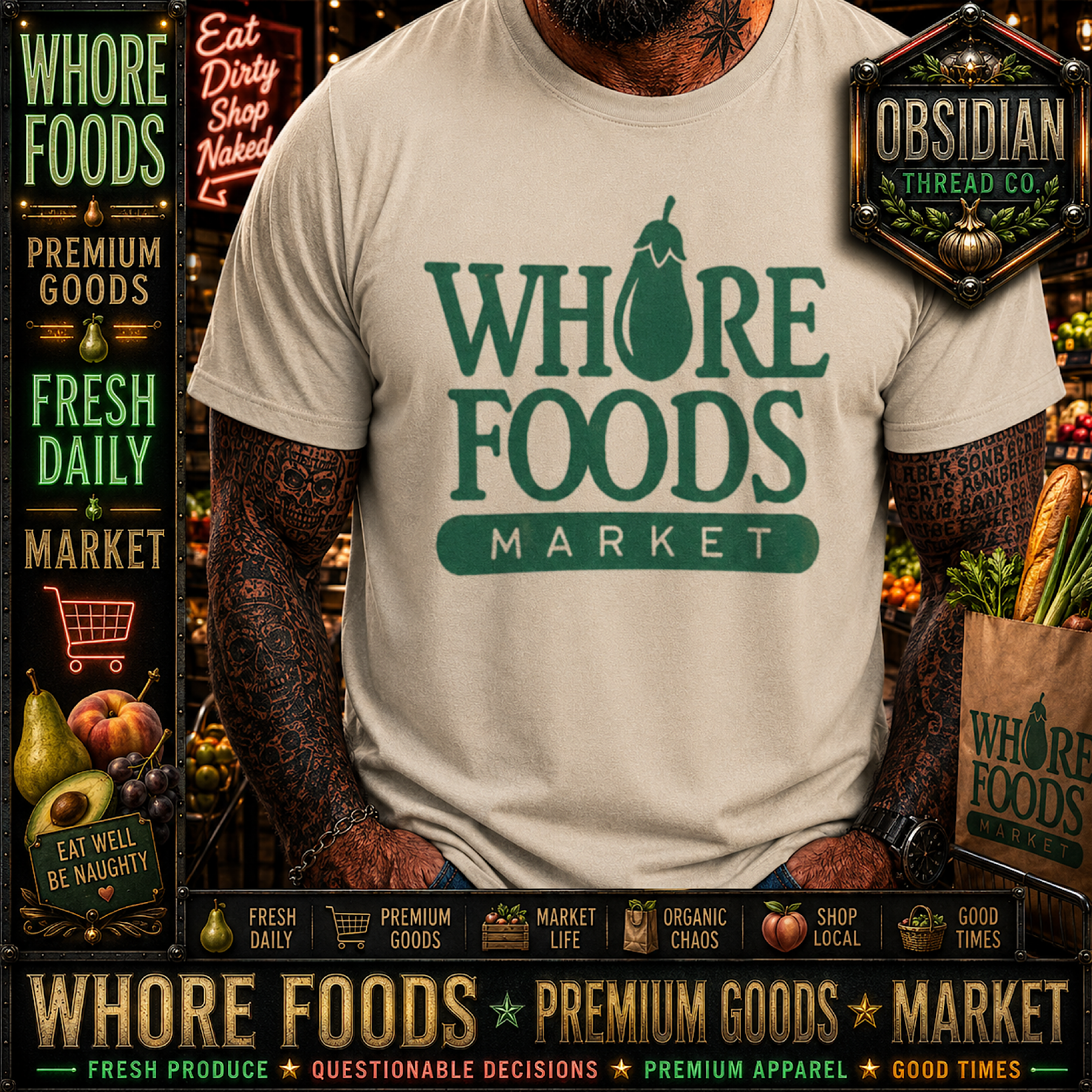 Whore Foods Market Funny Parody Biker Gym Rock Metal T-Shirt Tee No Harley color preview 2