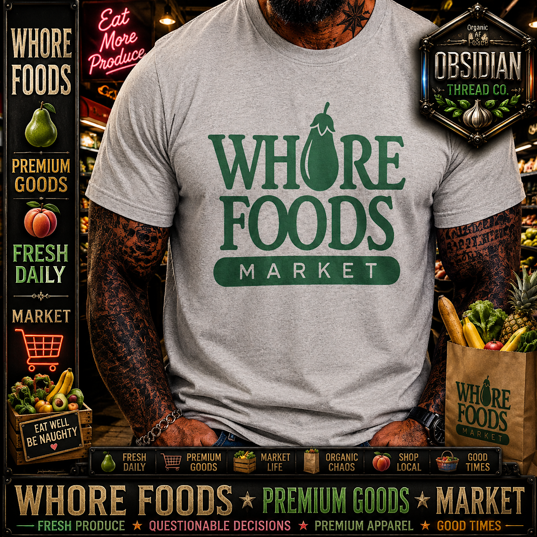 Whore Foods Market Funny Parody Biker Gym Rock Metal T-Shirt Tee No Harley color preview 3