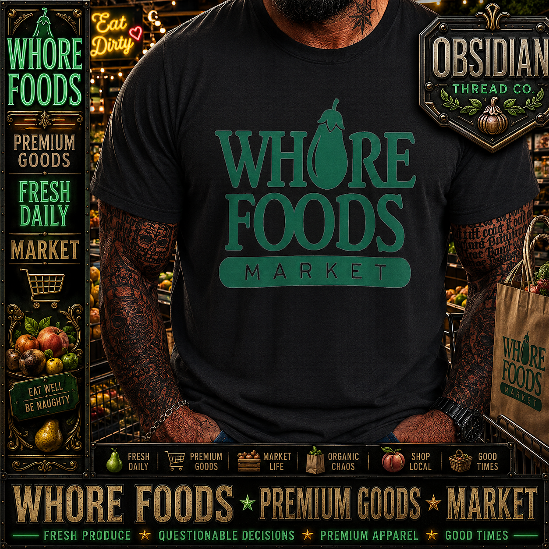 Whore Foods Market Funny Parody Biker Gym Rock Metal T-Shirt Tee No Harley color preview 4