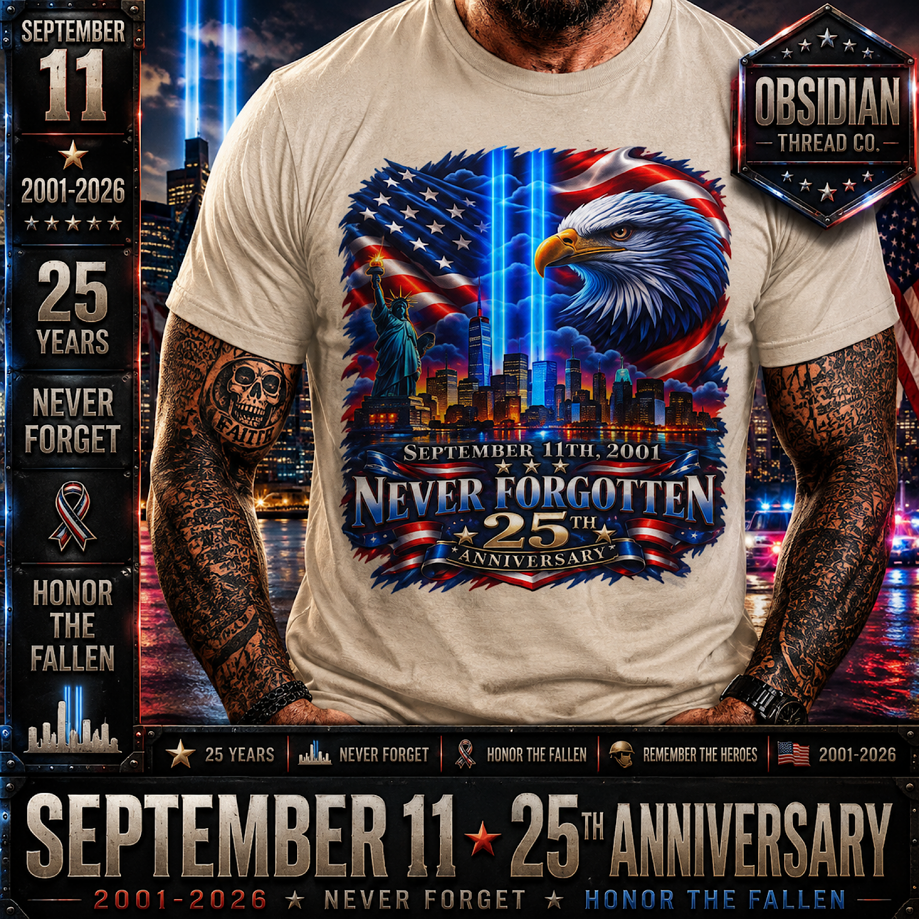9/11 September 11 25th Anniversary Never Forgotten 2001-2026 Memorial T-Shirt color preview 4