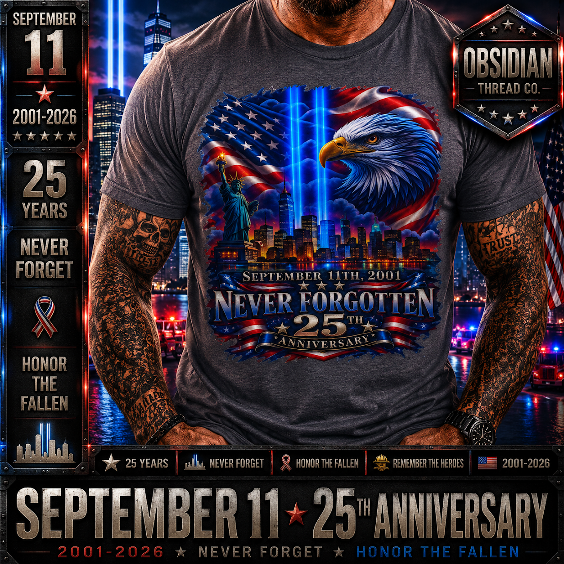 9/11 September 11 25th Anniversary Never Forgotten 2001-2026 Memorial T-Shirt color preview 2