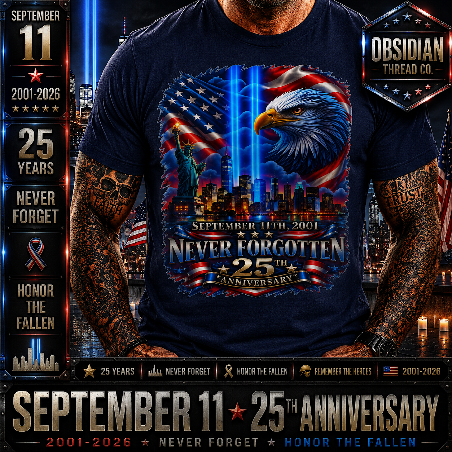 9/11 September 11 25th Anniversary Never Forgotten 2001-2026 Memorial T-Shirt color preview 3