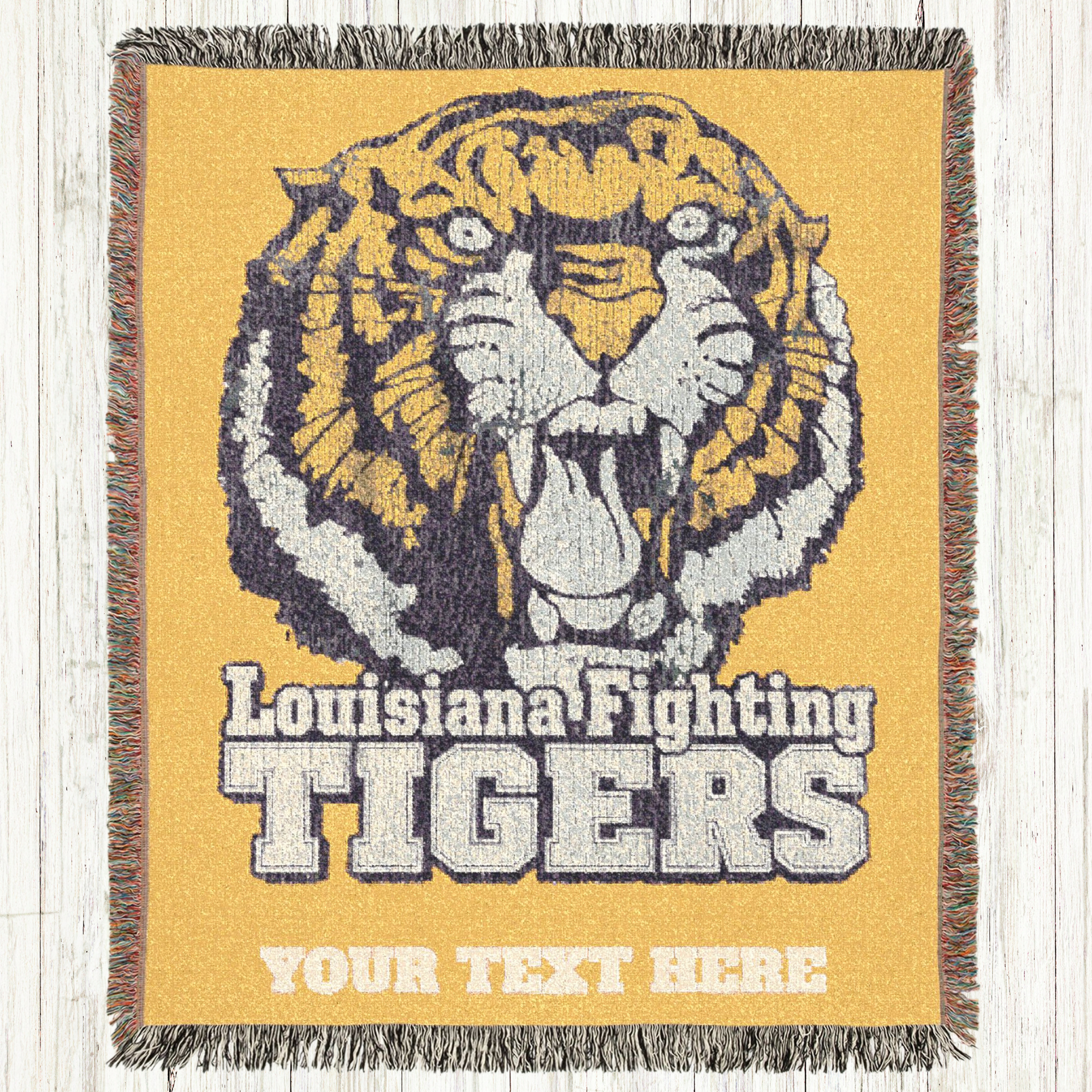 Go Get Em Tiger Personalized Woven Blanket, Louisiana Football Throw, Custom College Merch Dorm Essentials, Triche Treasures