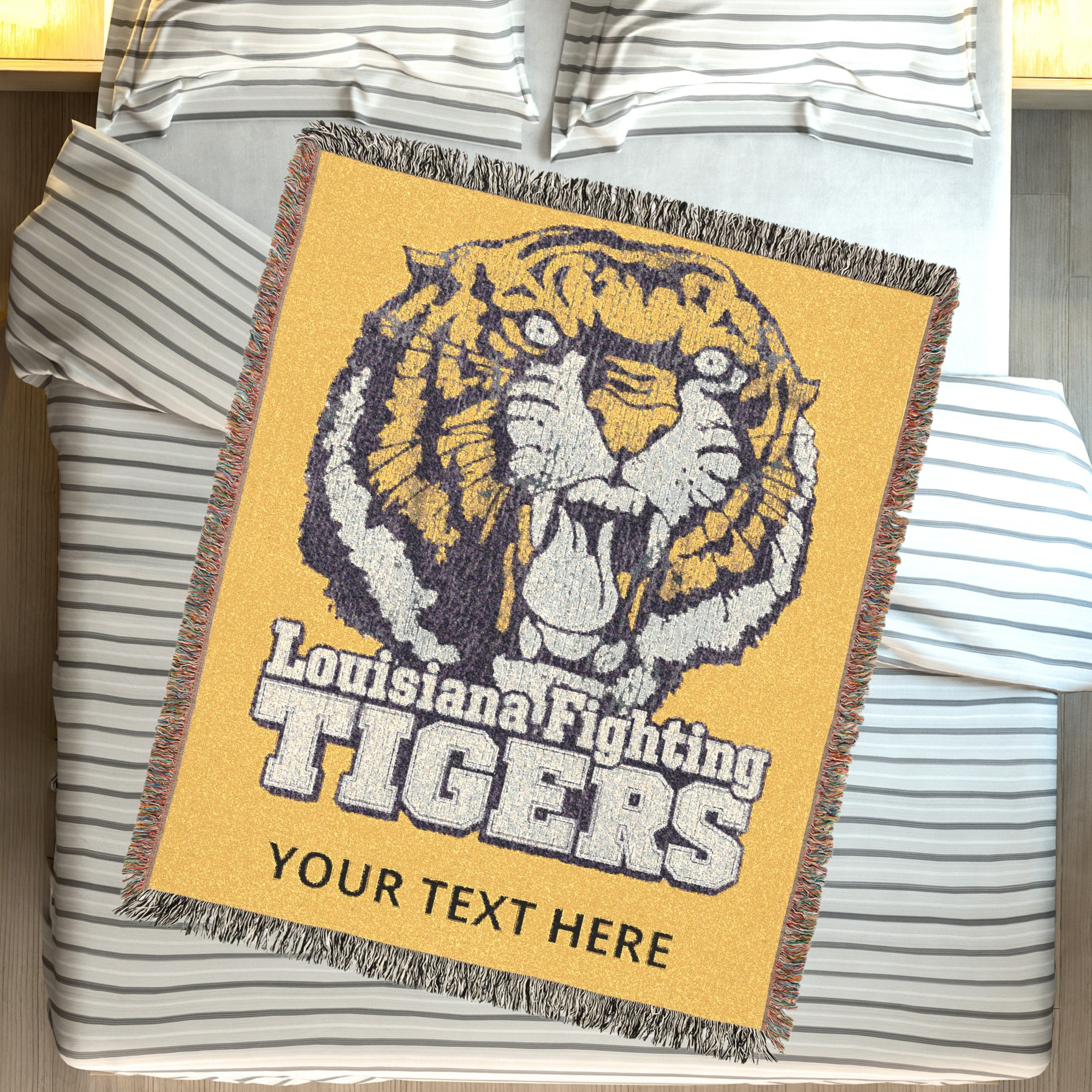 Go Get Em Tiger Personalized Woven Blanket, Louisiana Football Throw, Custom College Merch Dorm Essentials, Triche Treasures – Artwork, 52'' × 37''