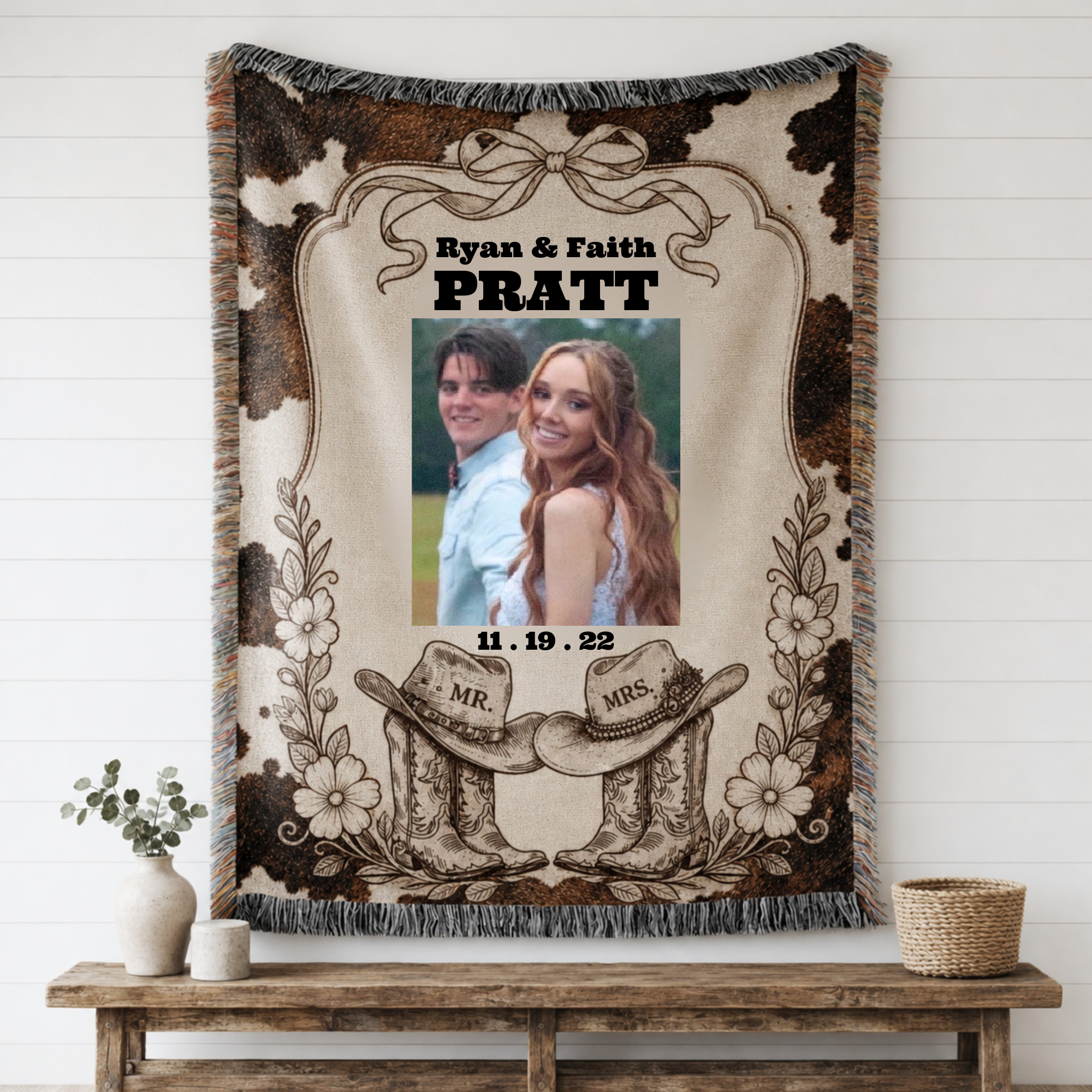 Western Wedding Photo Woven Blanket Custom Names and Date Cowboy Mr and Mrs Throw, Personalized Bridal Shower Backdrop, Triche Treasures 