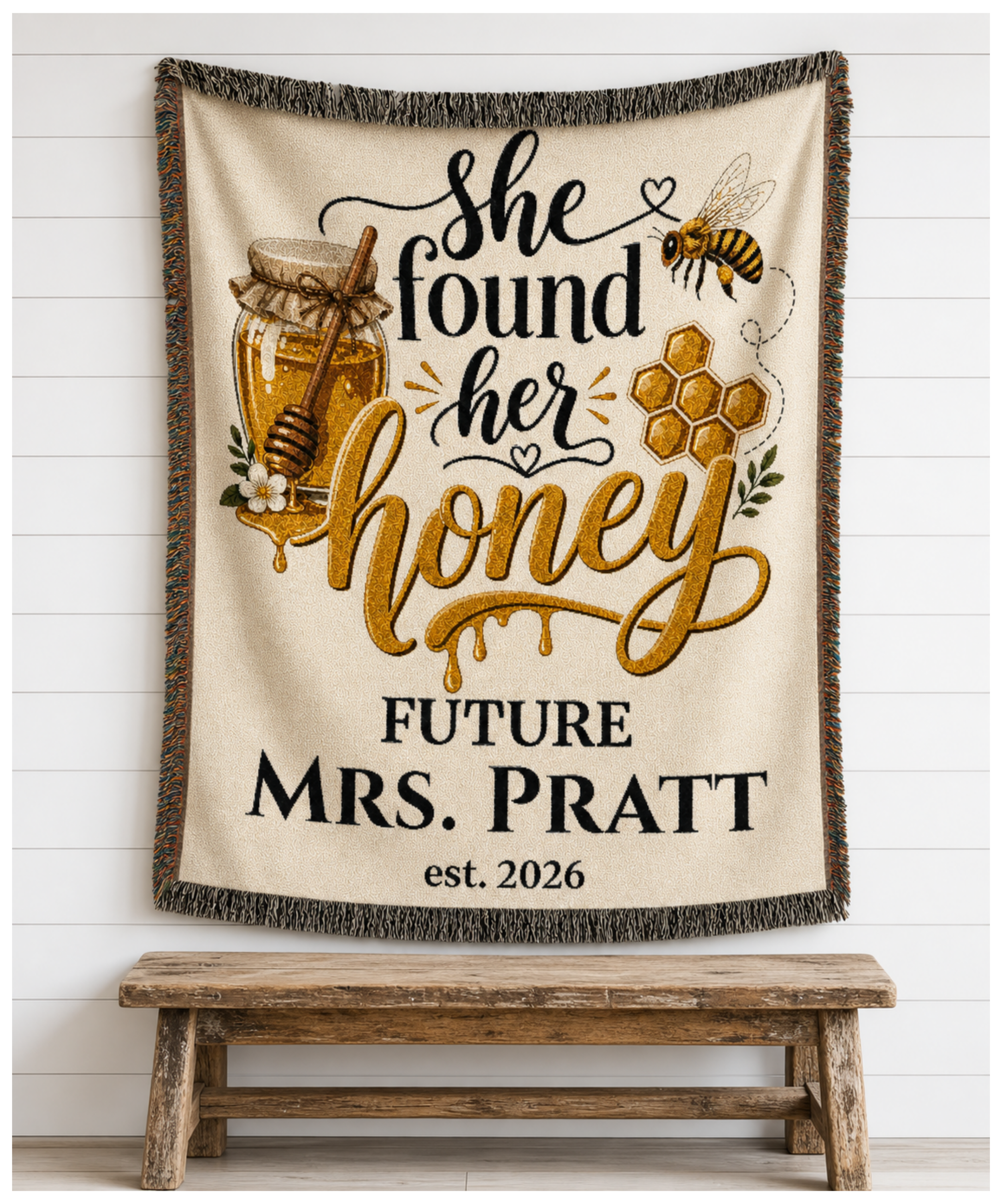 She Found Her Honey Woven Blanket, Customizable Blanket for Bride, Engagement Gifts for Friends, Bridal Shower Backdrop, Triche Treasures – Artwork, 52'' × 37''