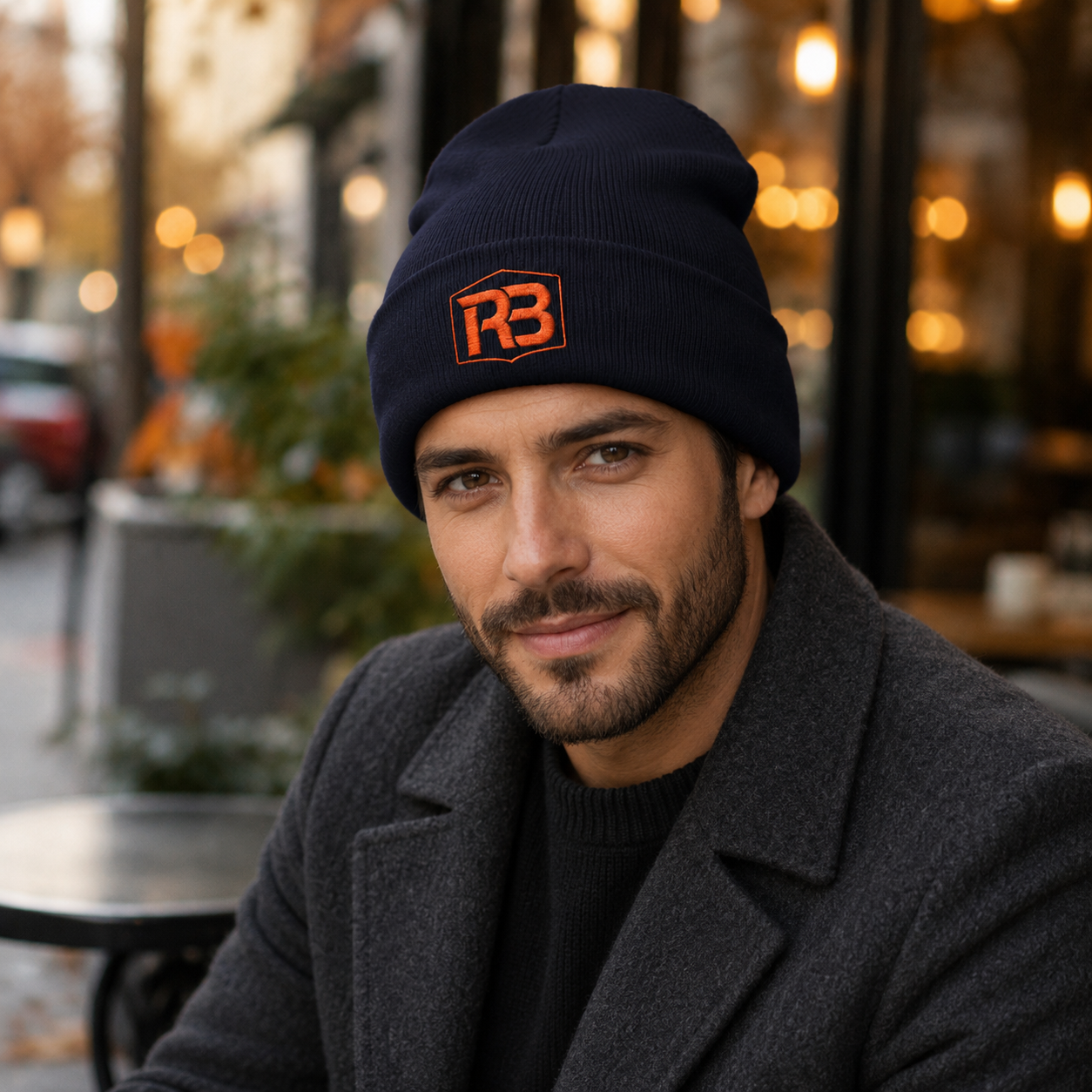 Orange RootBadger Shield Logo Beanie | Cuffed Embroidered Knit Hat - Image 2 | Lily's Pad Studio
