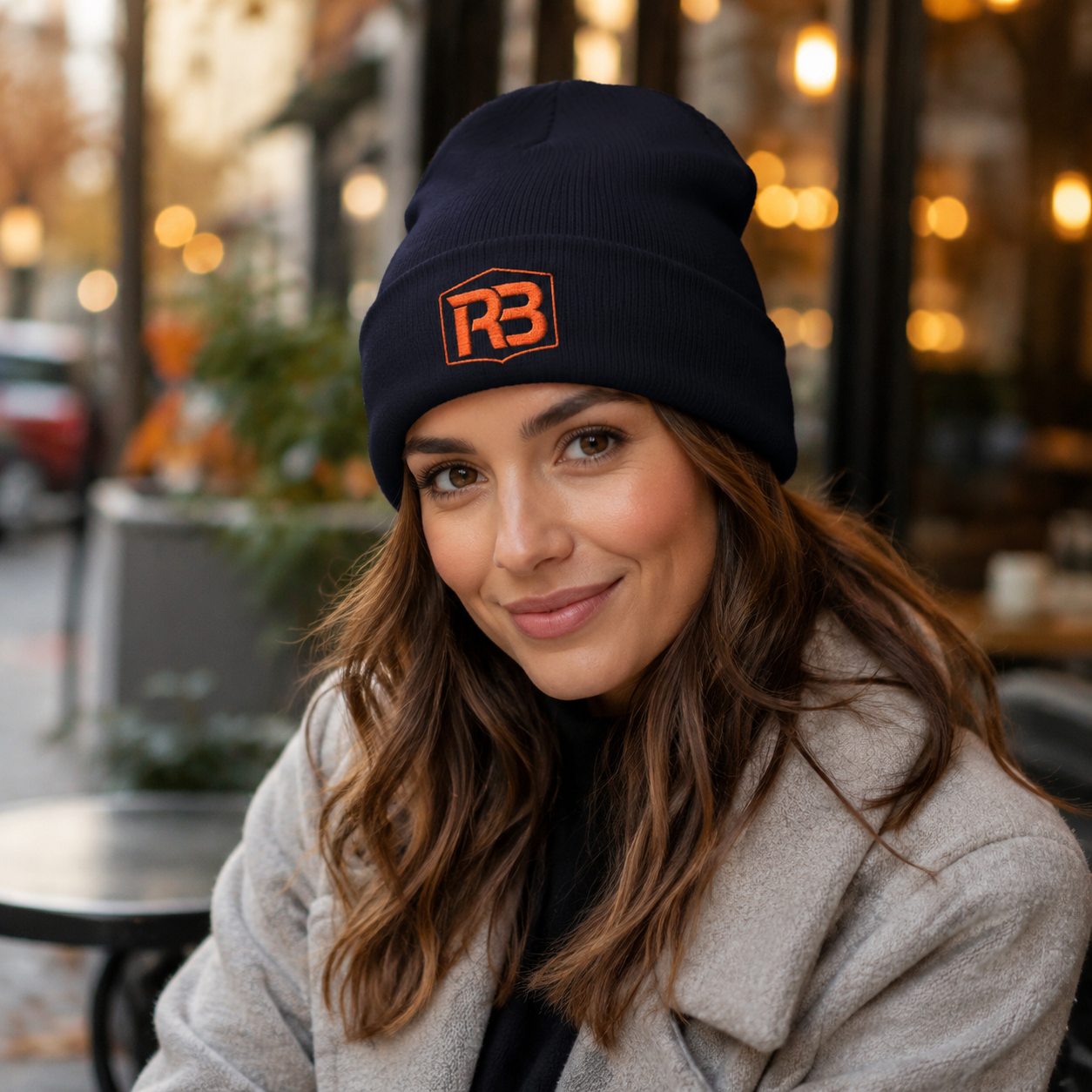 Orange RootBadger Shield Logo Beanie | Cuffed Embroidered Knit Hat - Image 1 | Lily's Pad Studio