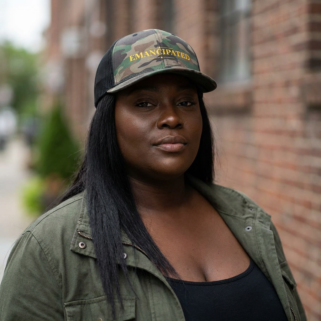 Emancipated Embroidered Camo Trucker Hat 