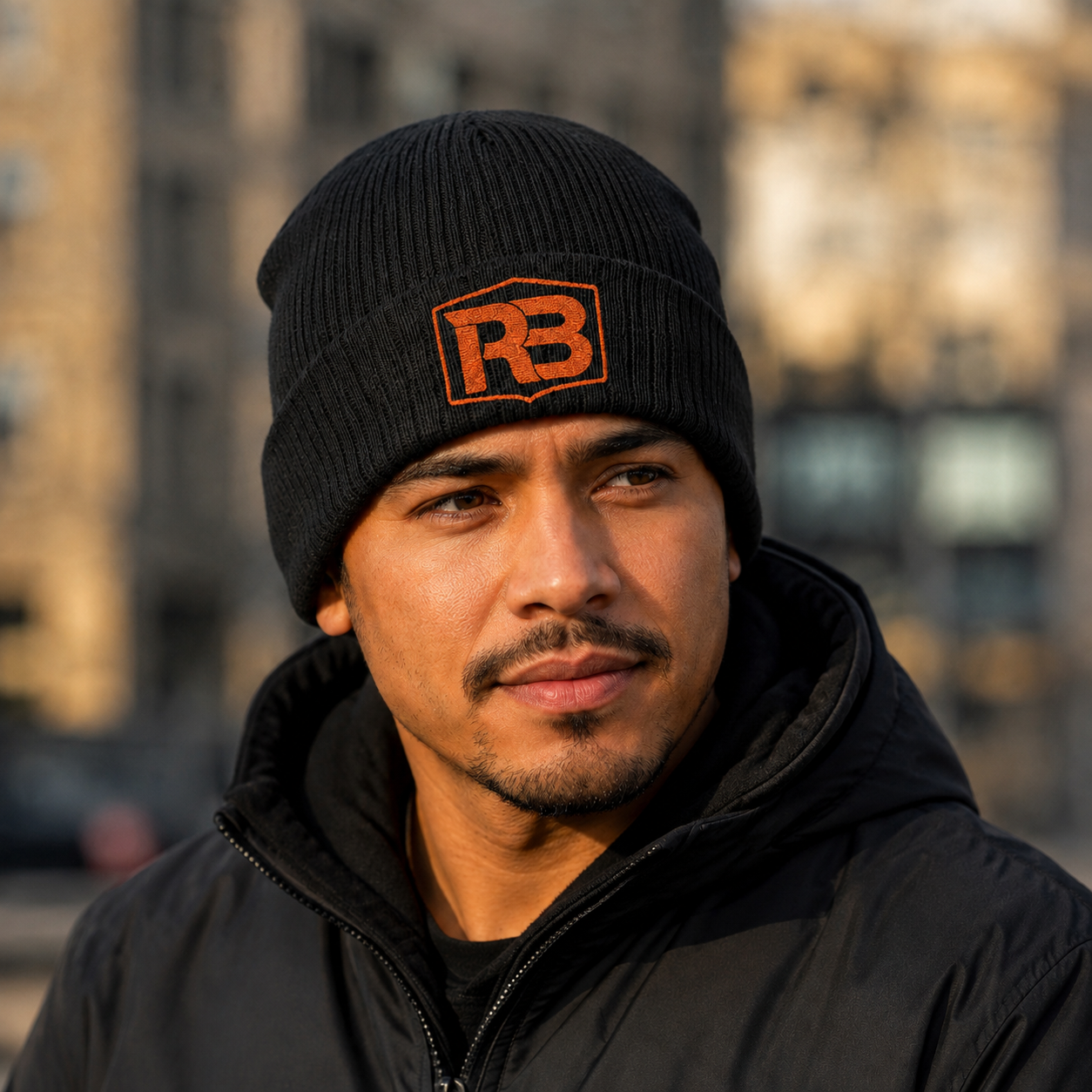 RootBadger Shield Logo Beanie, Ribbed Knit Embroidered Hat | Black Orange - Image 1 | Lily's Pad Studio