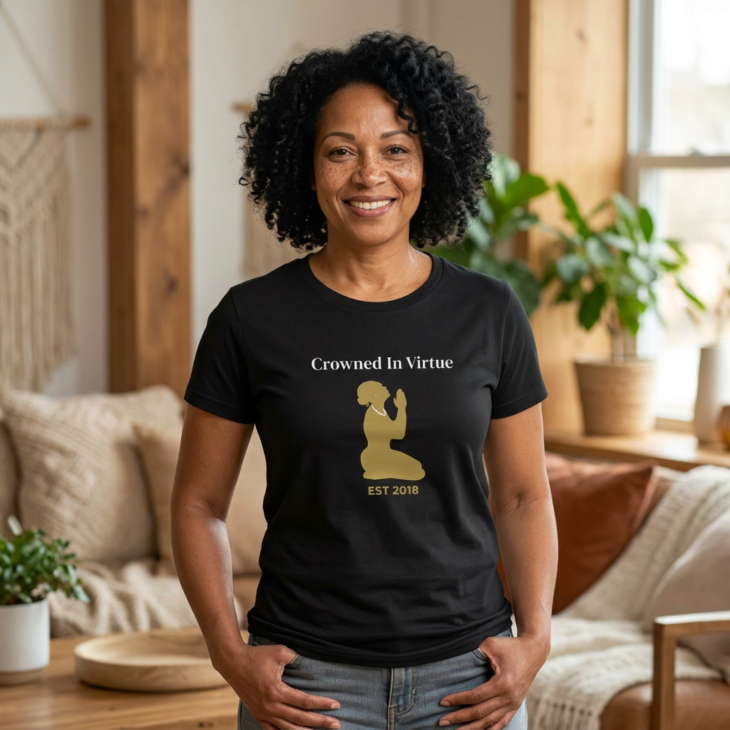 Crowned in Virtue Women’s Tee — Inspirational Faith & Empowerment Shirt (Golden Accents)