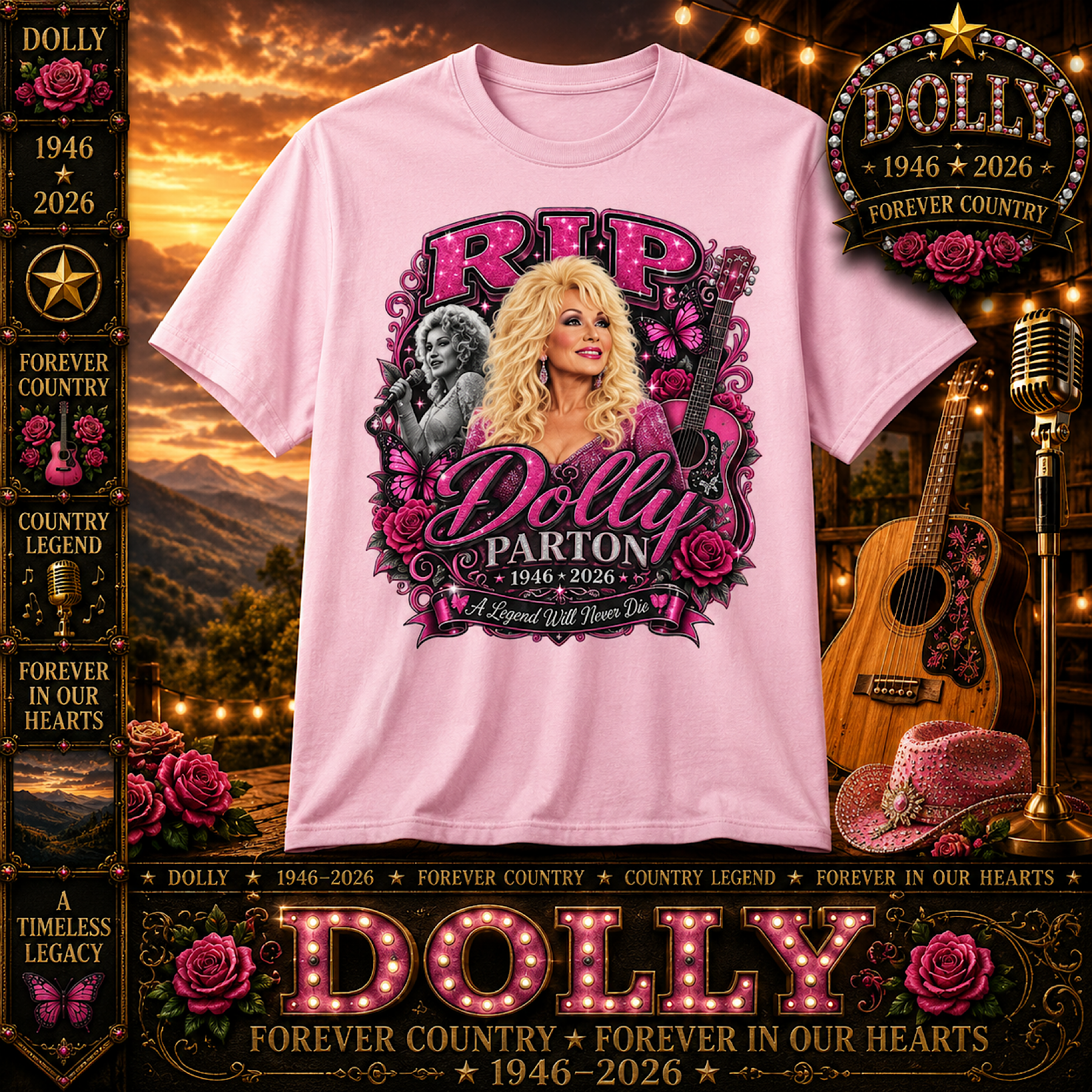Dolly Parton Memorial Tribute Shirt Forever Country 1946-2026 Country Music RIP color preview 2