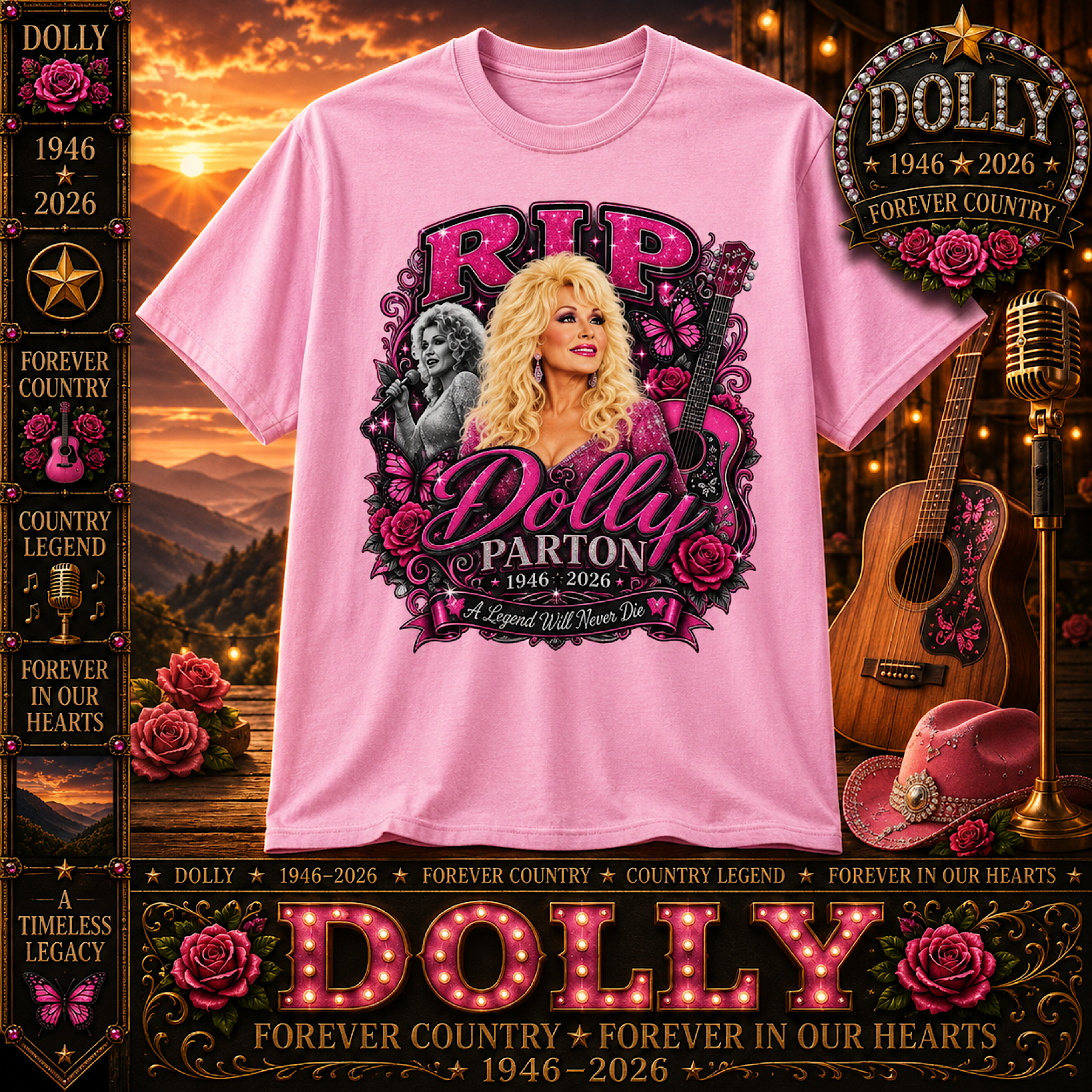 Dolly Parton Memorial Tribute Shirt Forever Country 1946-2026 Country Music RIP color preview 3