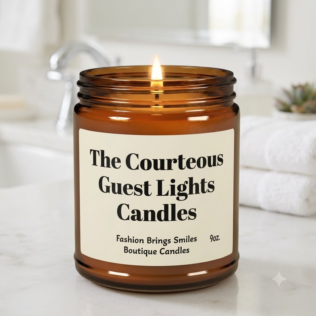 Bathroom Candle The Courteous Guest Lights Candles, Funny Bathroom Decor, Housewarming Gift, Guest Bathroom Candle, 9oz Amber Jar Soy
