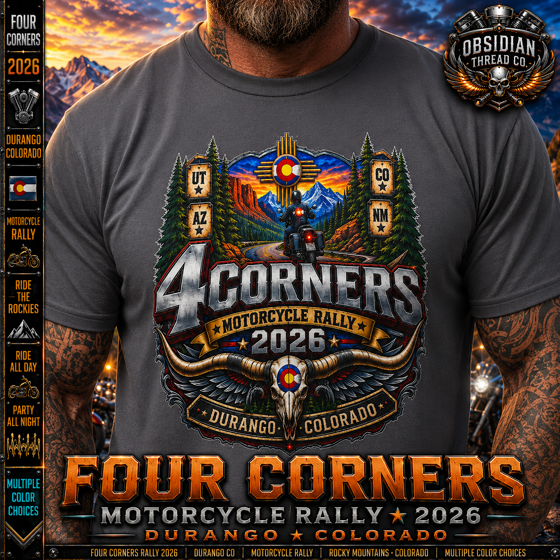 Four Corners Motorcycle Rally 2026 Durango Colorado Biker T-Shirt No Harley color preview 2