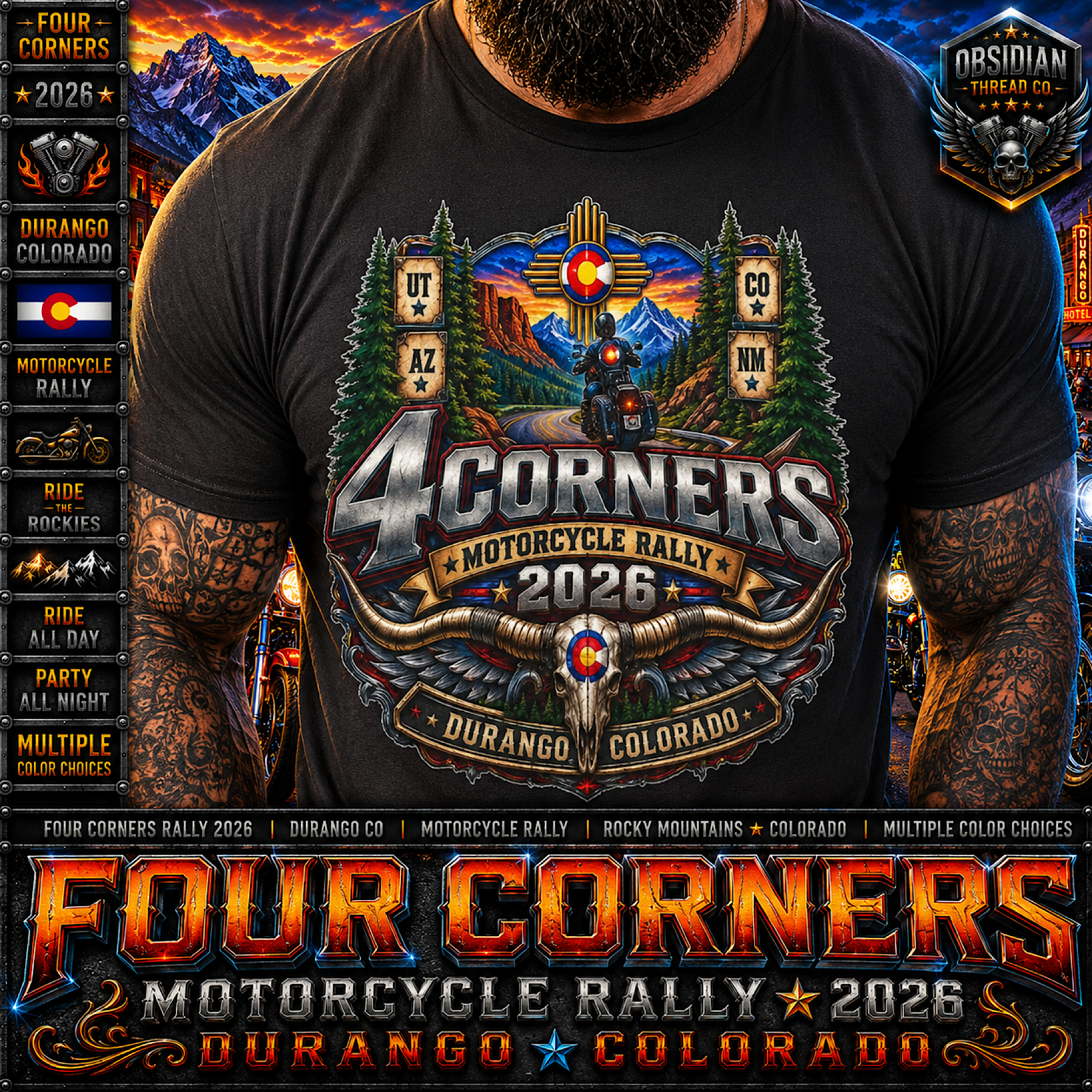 Four Corners Motorcycle Rally 2026 Durango Colorado Biker T-Shirt No Harley color preview 3