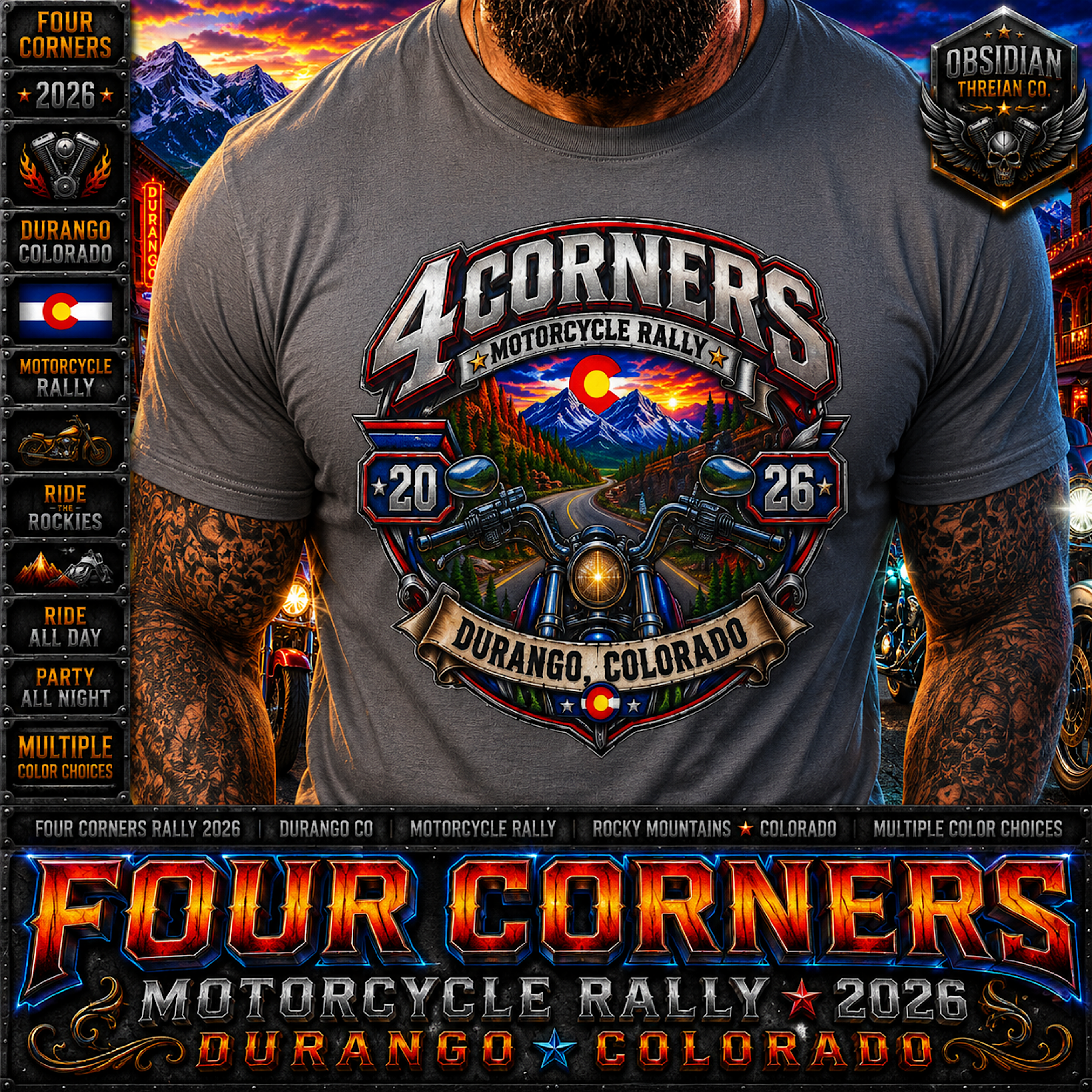 Four Corners Motorcycle Rally 2026 Durango Colorado Biker T-Shirt No Harley color preview 2