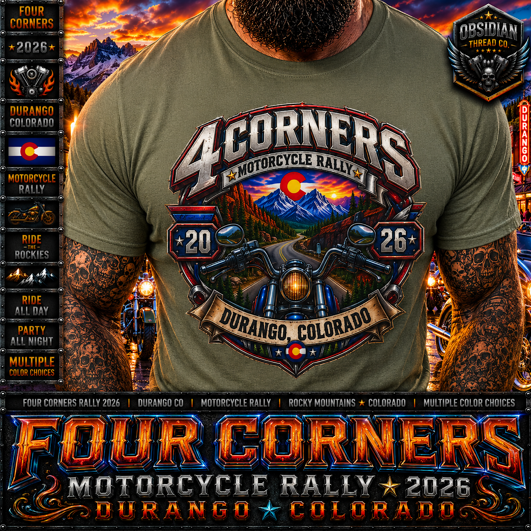 Four Corners Motorcycle Rally 2026 Durango Colorado Biker T-Shirt No Harley color preview 4